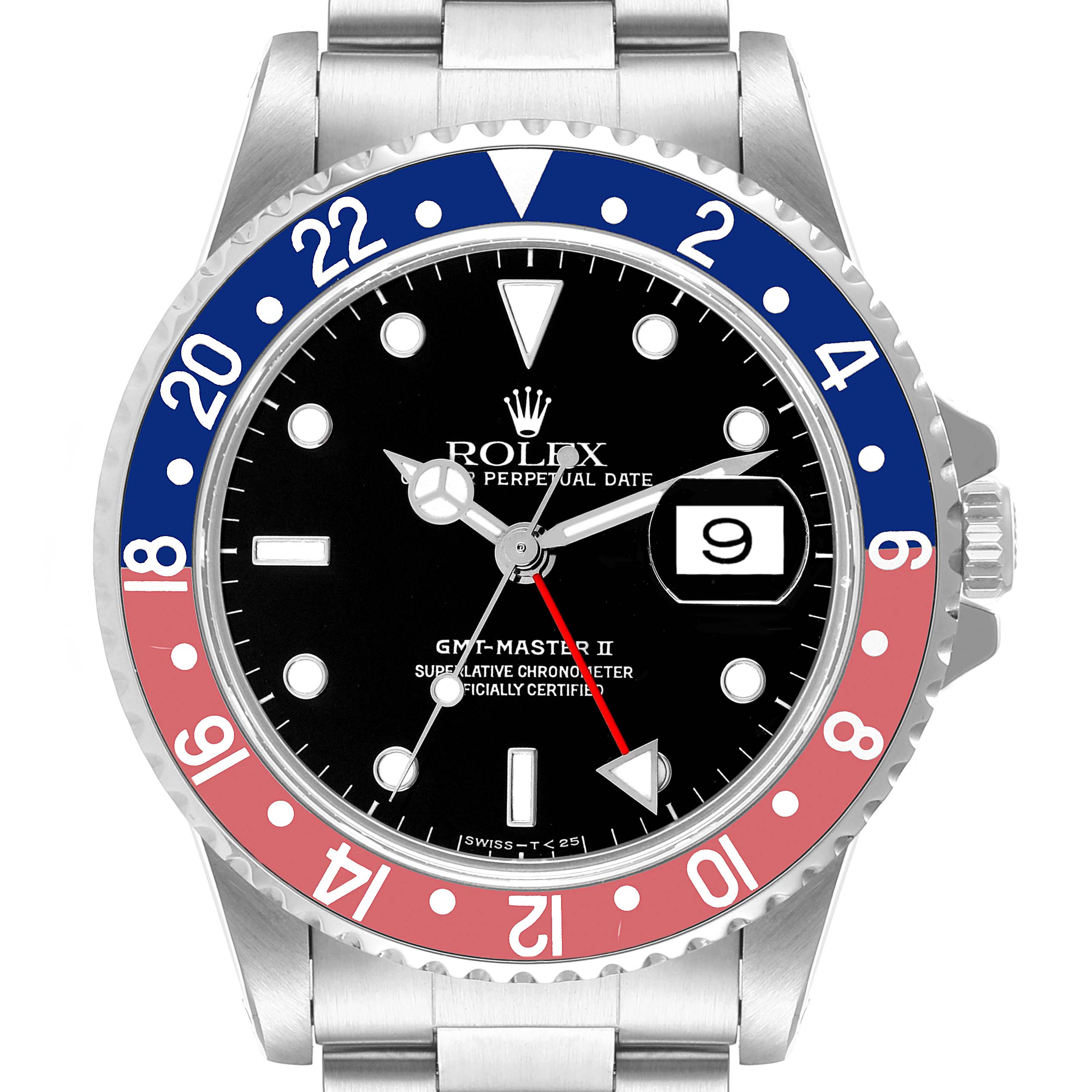 The Rolex GMT-Master 16710 Men's Stainless Steel Black Dial 16710 Men's Stainless Steel Black Dial watch is shown from a front-facing angle, displaying the bezel, dial, hands, and date window.