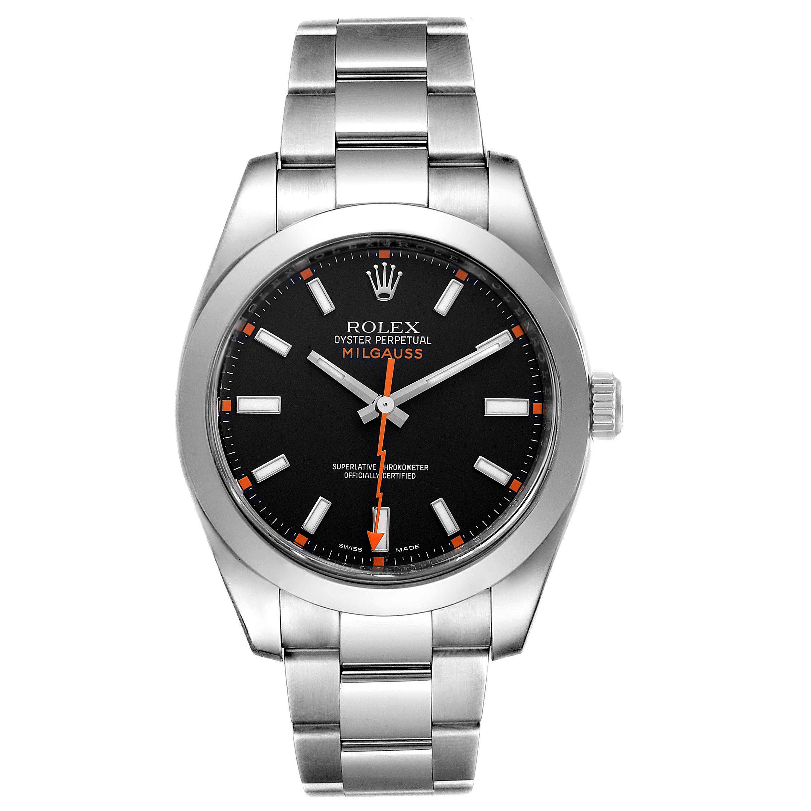 The image shows a front view of a Rolex Milgauss 116400 Men's Stainless Steel Black Dial 116400 Men's Stainless Steel Black Dial watch, highlighting its black dial, orange accents, and stainless steel bracelet.