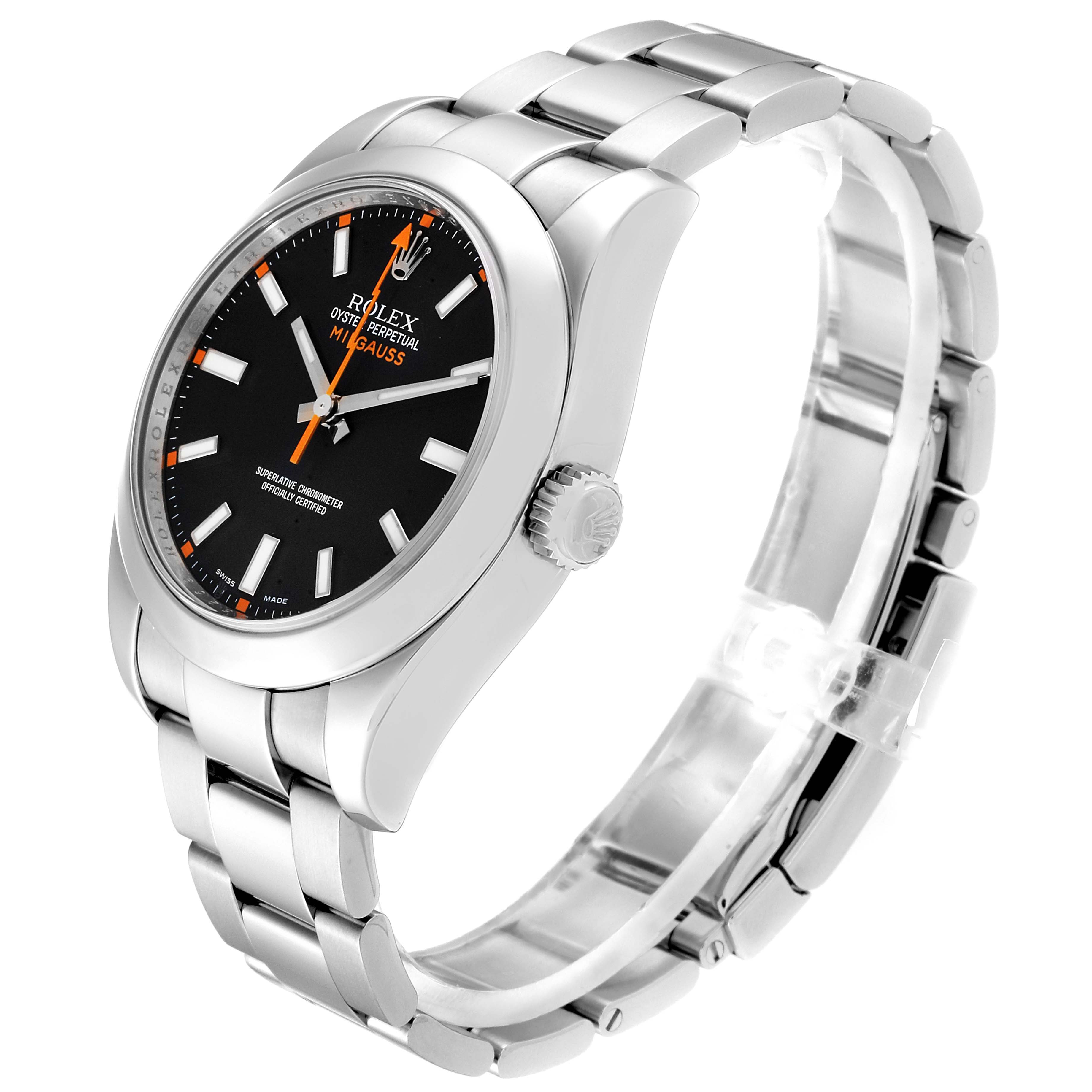 The image shows a Rolex Milgauss 116400 Men's Stainless Steel Black Dial 116400 Men's Stainless Steel Black Dial watch at a slight left-side angle, highlighting the dial, case, crown, and bracelet.