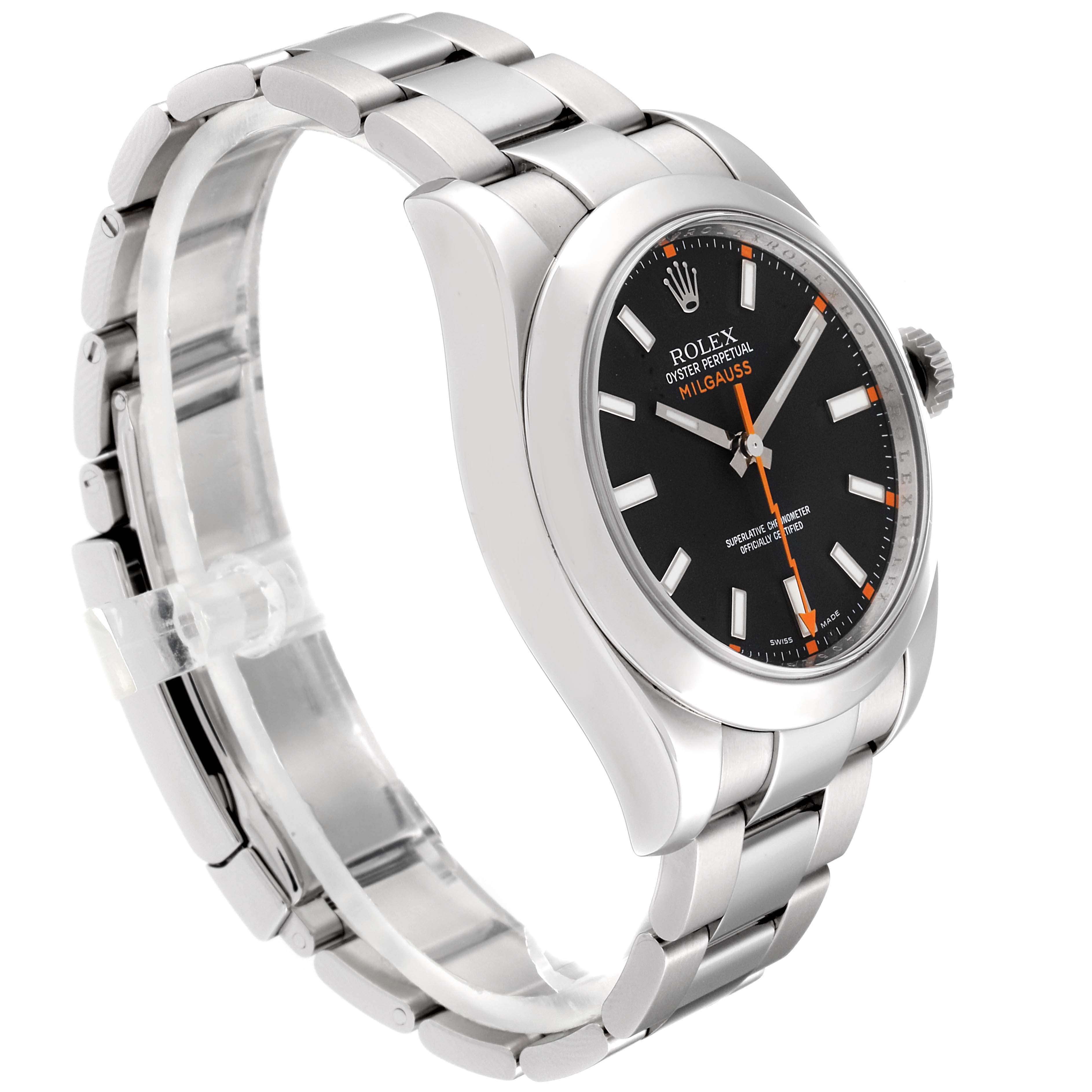 The Rolex Milgauss 116400 Men's Stainless Steel Black Dial 116400 Men's Stainless Steel Black Dial watch is shown at a slight side angle, displaying the dial, bezel, crown, and part of the bracelet.