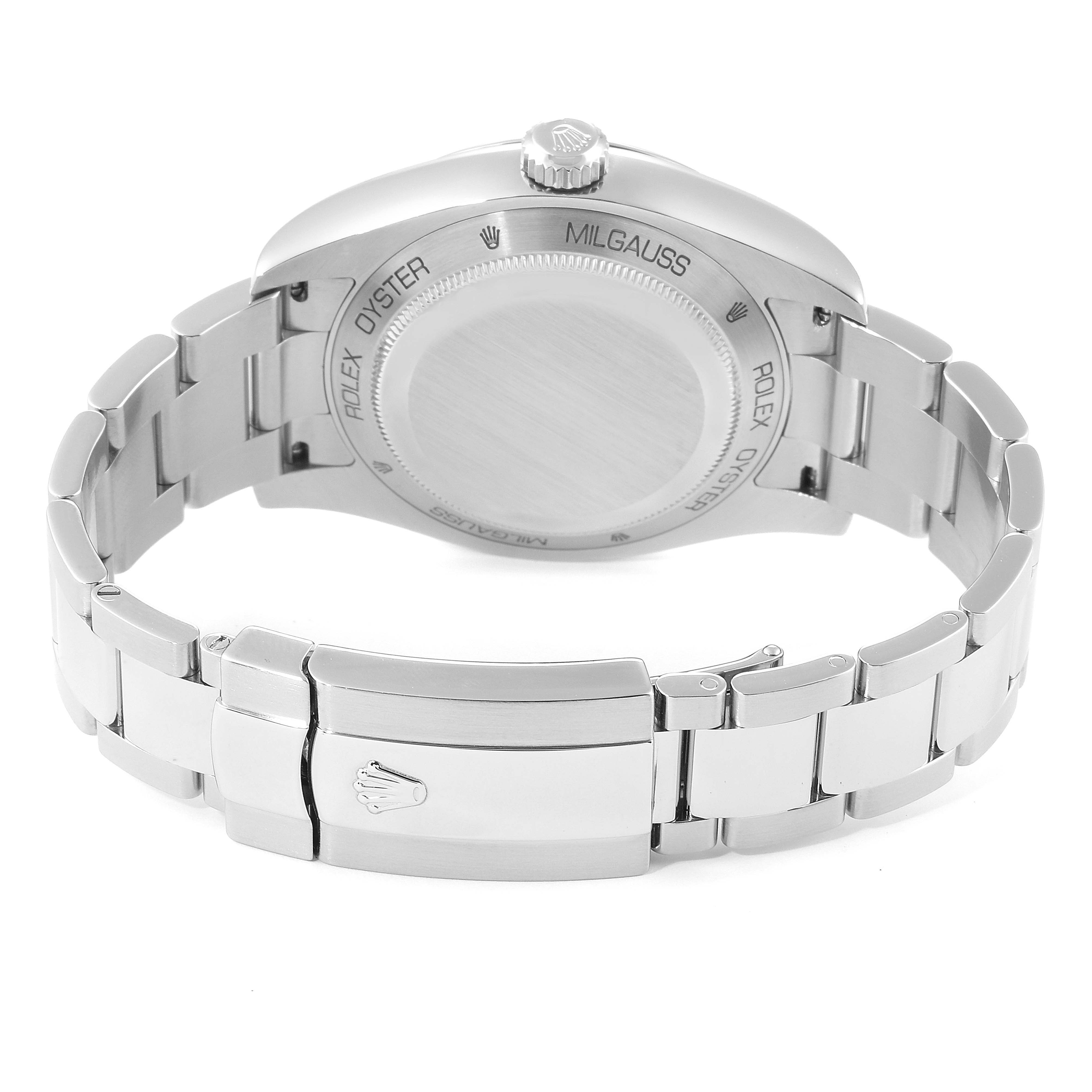 This image shows the back angle of a Rolex Milgauss 116400 Men's Stainless Steel Black Dial 116400 Men's Stainless Steel Black Dial watch, highlighting the case back, bracelet, and clasp.