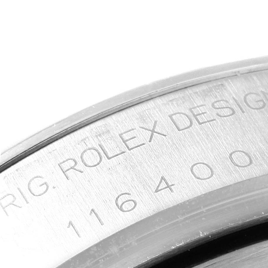 The image shows a close-up of the engraved model number on the case of a Rolex Milgauss 116400 Men's Stainless Steel Black Dial 116400 Men's Stainless Steel Black Dial watch.