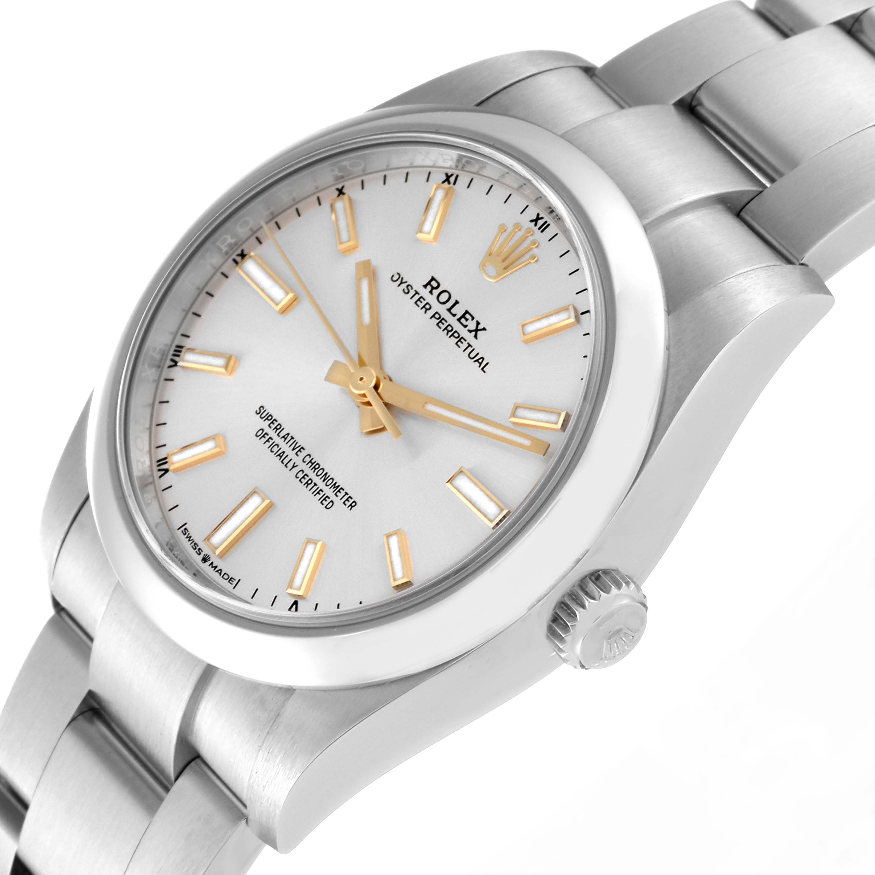 The image shows a close-up, side angle of a Rolex Oyster Perpetual 124200 Men's Stainless Steel Silver Dial 124200 Men's Stainless Steel Silver Dial watch, highlighting the dial, crown, and part of the bracelet.