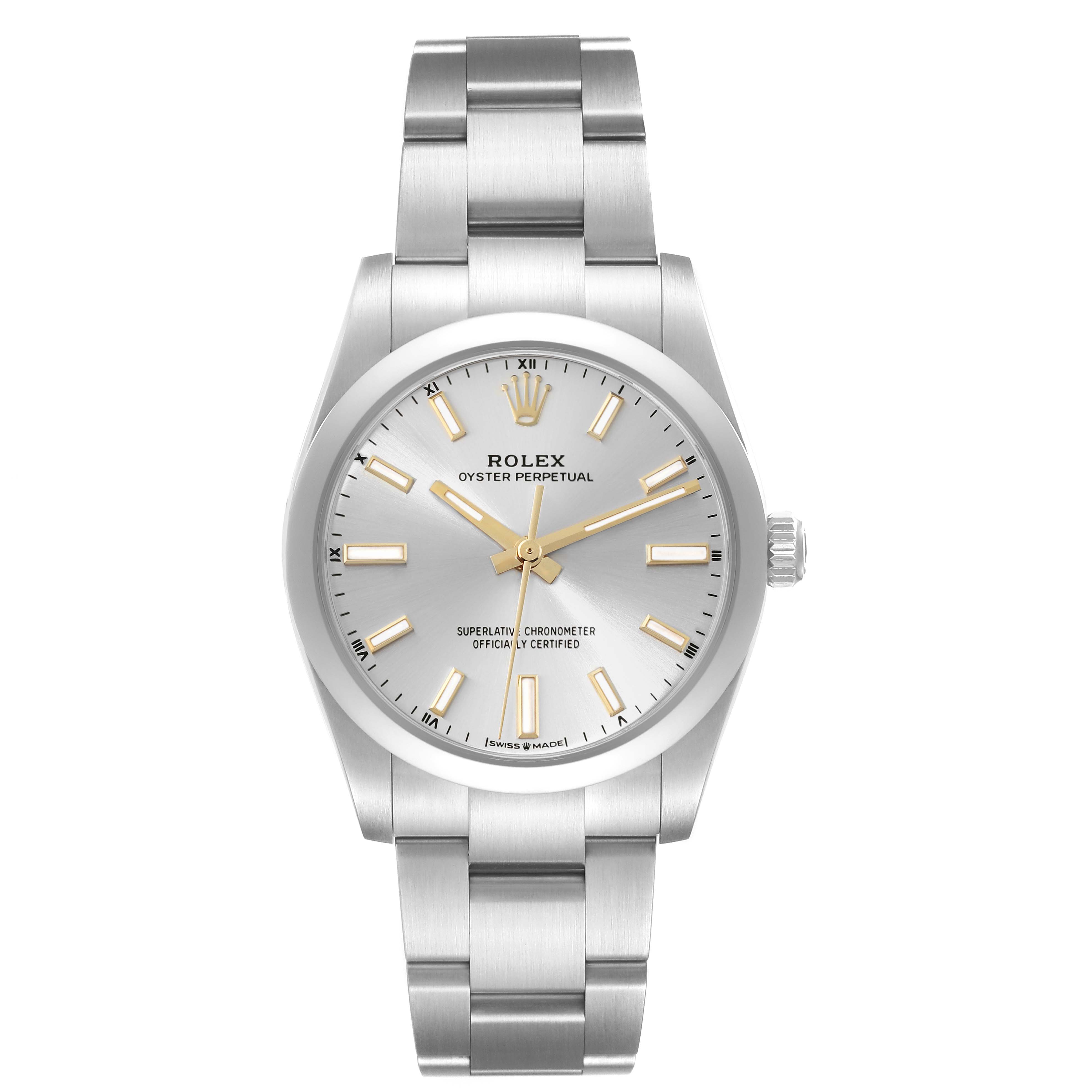 This image shows the front view of a Rolex Oyster Perpetual 124200 Men's Stainless Steel Silver Dial 124200 Men's Stainless Steel Silver Dial watch, highlighting the dial, bracelet, and case.