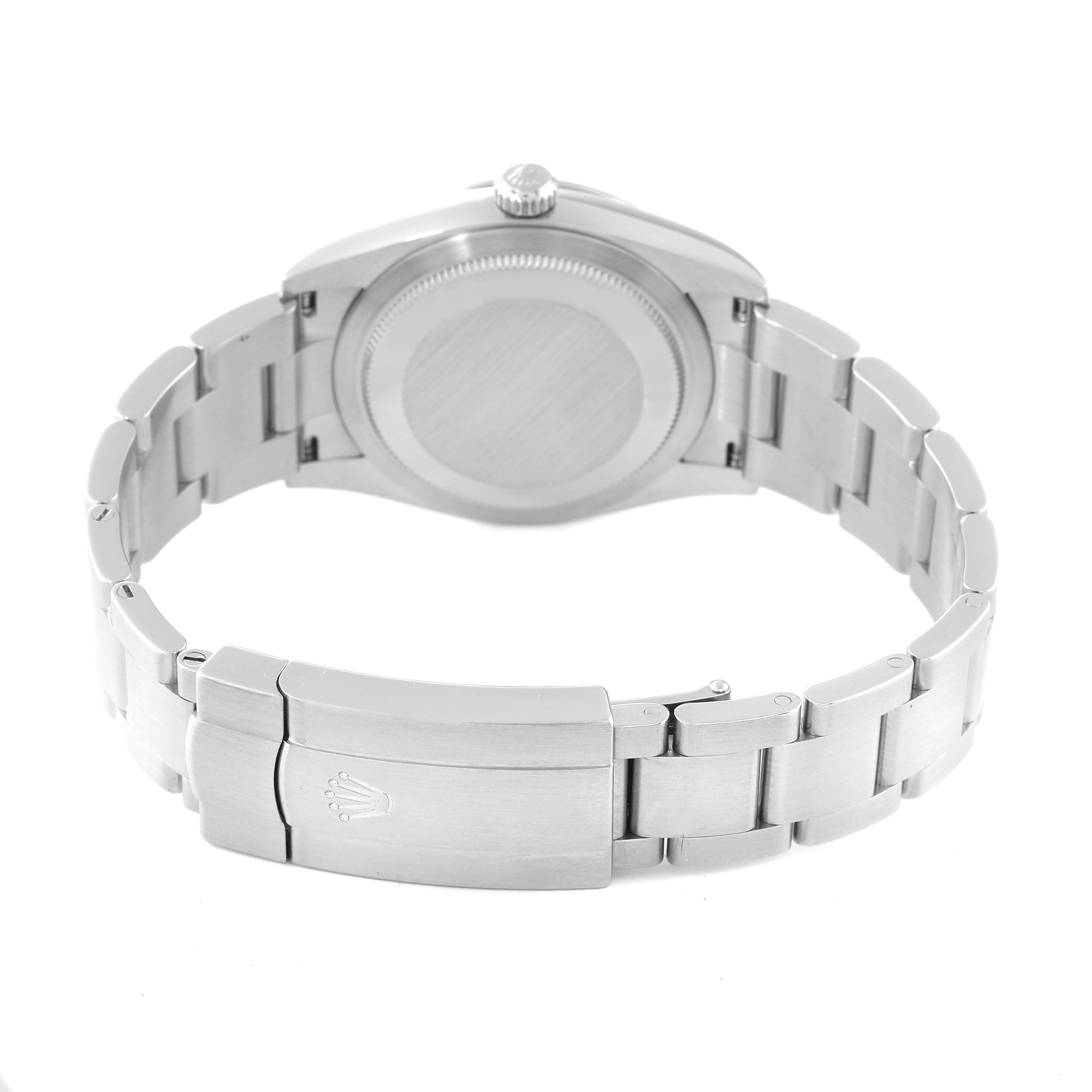 The image shows the back view of a Rolex Oyster Perpetual 124200 Men's Stainless Steel Silver Dial 124200 Men's Stainless Steel Silver Dial watch, highlighting its clasp, bracelet, and case back.