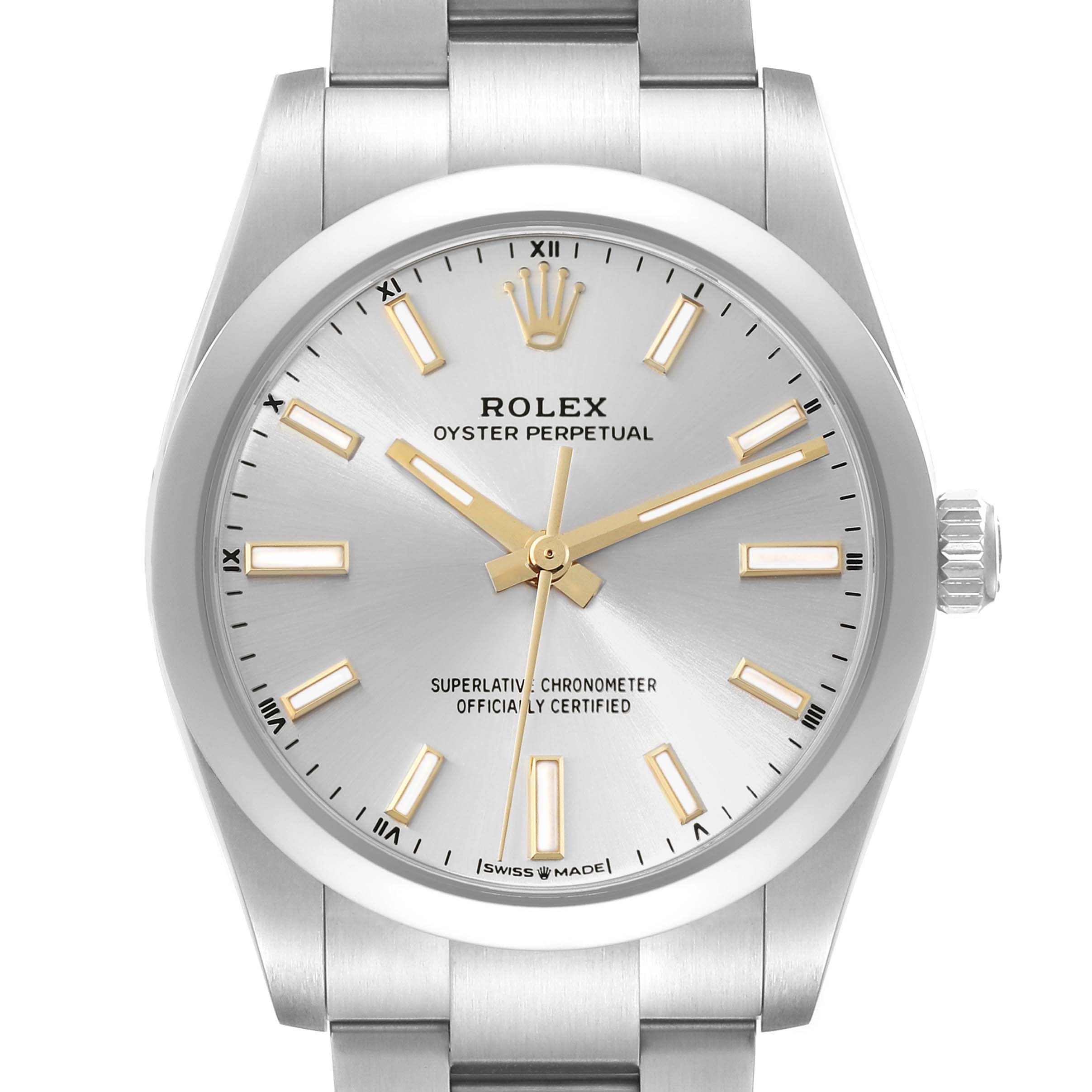 The image shows a frontal view of a Rolex Oyster Perpetual 124200 Men's Stainless Steel Silver Dial 124200 Men's Stainless Steel Silver Dial watch, displaying its dial, hands, crown, and part of the bracelet.