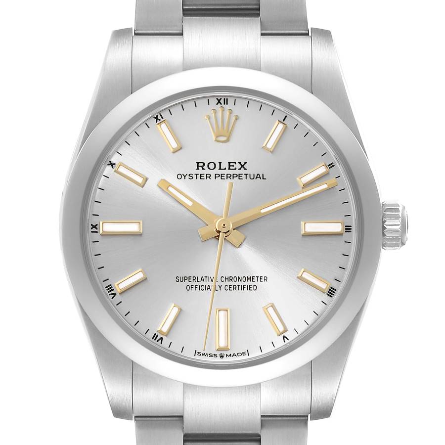 Rolex Oyster Perpetual 34mm Silver Dial Steel Mens Watch 124200 Box Card SwissWatchExpo