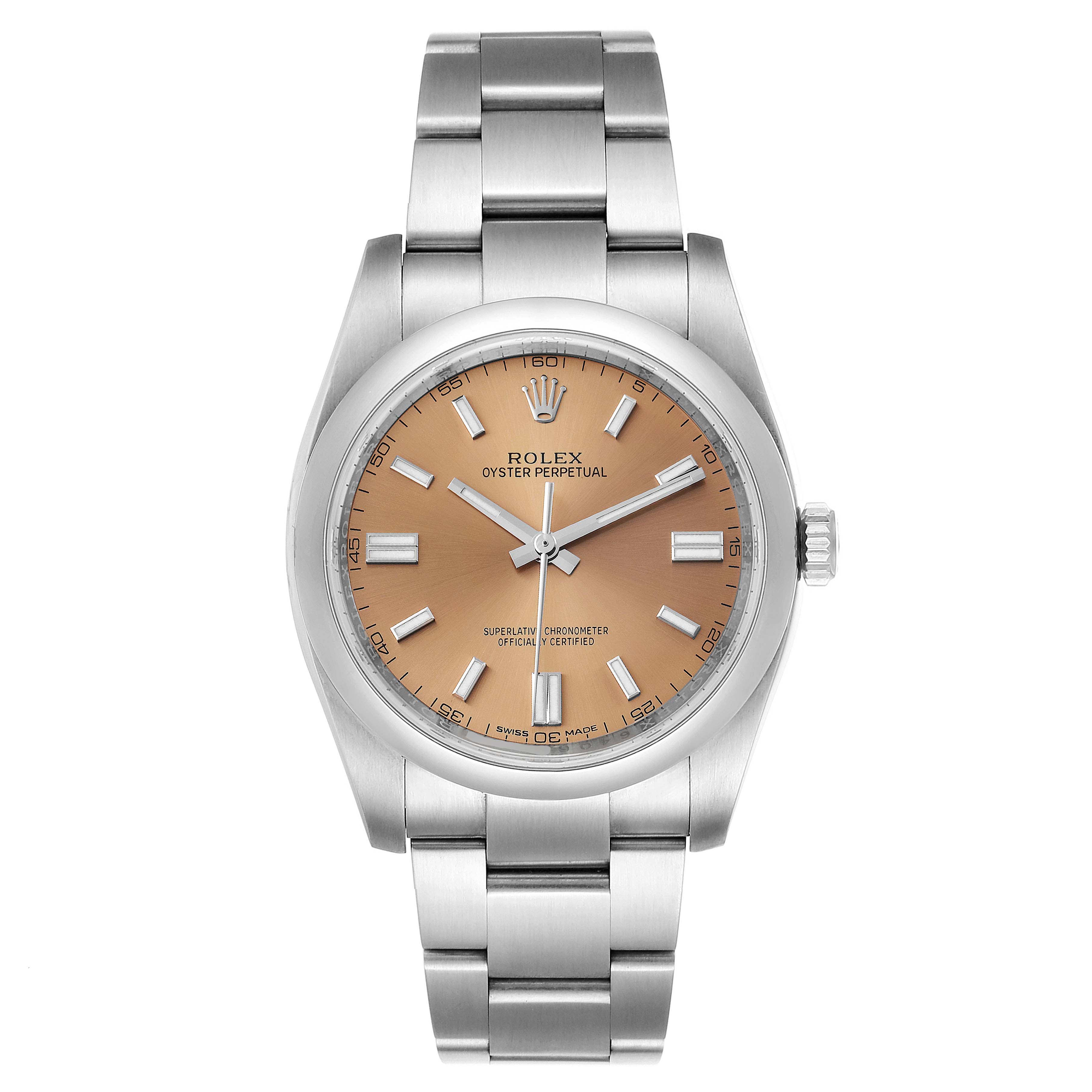 The Rolex Oyster Perpetual 116000 Men's Stainless Steel Champagne Dial 116000 Men's Stainless Steel Champagne Dial watch is shown from the front, displaying its bracelet, dial, and case.