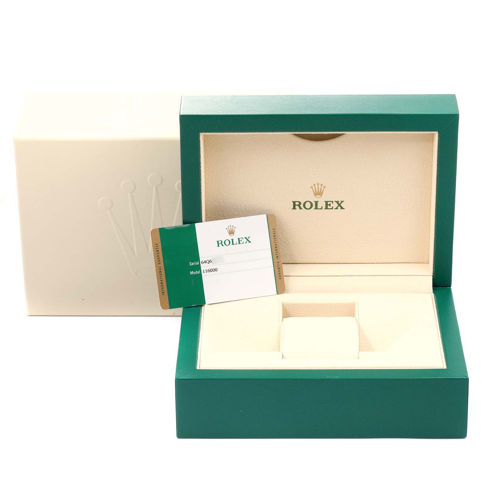 The image shows the packaging and warranty card of a Rolex Oyster Perpetual 116000 Men's Stainless Steel Champagne Dial 116000 Men's Stainless Steel Champagne Dial watch, featuring a green and beige box.