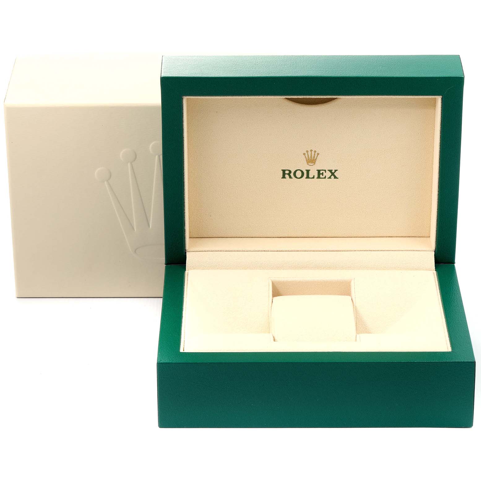 The image shows an open Rolex Oyster Perpetual 114300 Men
s Stainless Steel Blue Dial 114300 Men
s Stainless Steel Blue Dial watch box with a green exterior and beige interior.