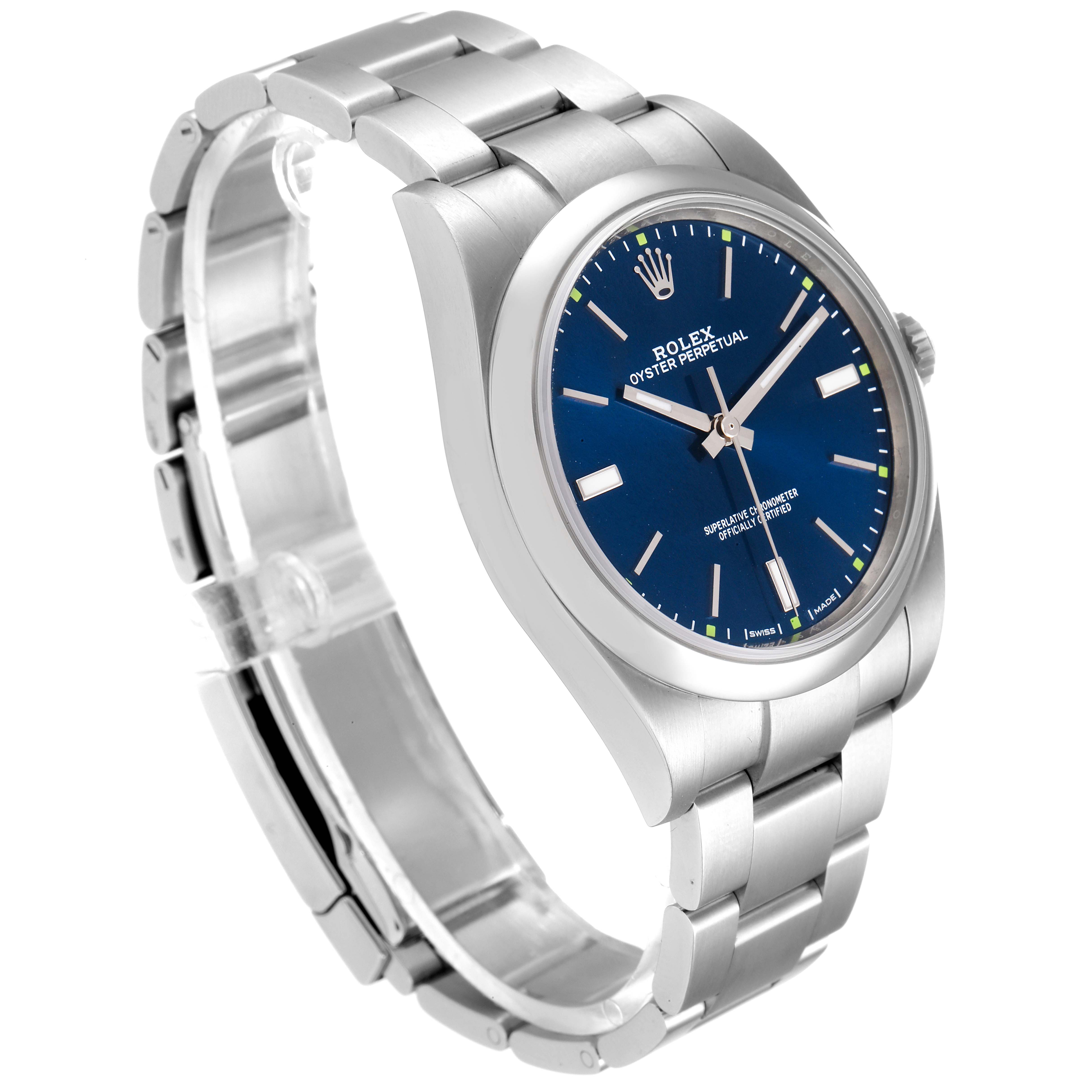 The image shows a side-angle view of the Rolex Oyster Perpetual 114300 Men
s Stainless Steel Blue Dial 114300 Men
s Stainless Steel Blue Dial watch, highlighting its stainless steel bracelet and blue dial.