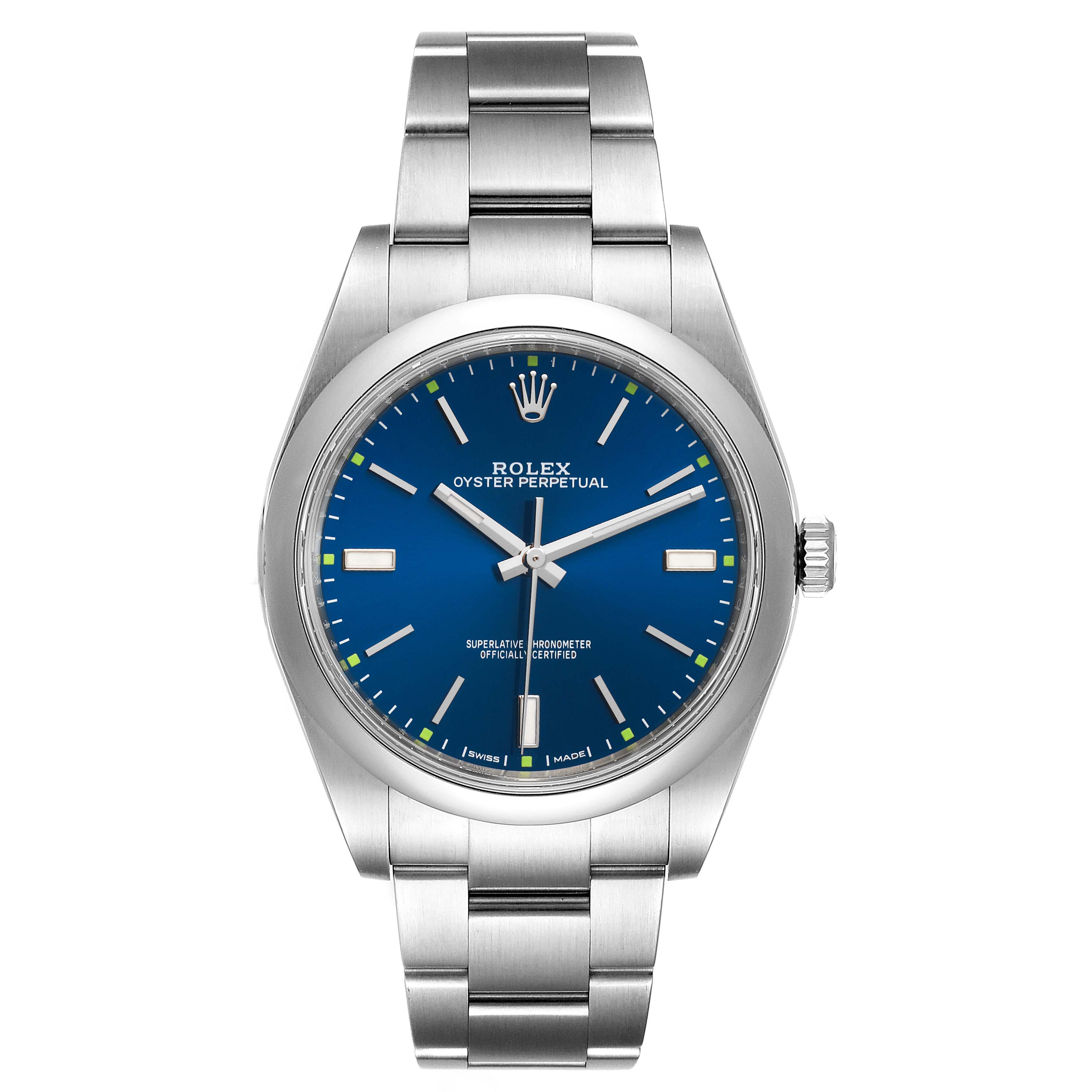 This image shows a front view of the Rolex Oyster Perpetual 114300 Men
s Stainless Steel Blue Dial 114300 Men
s Stainless Steel Blue Dial watch, highlighting its blue dial and stainless steel bracelet.