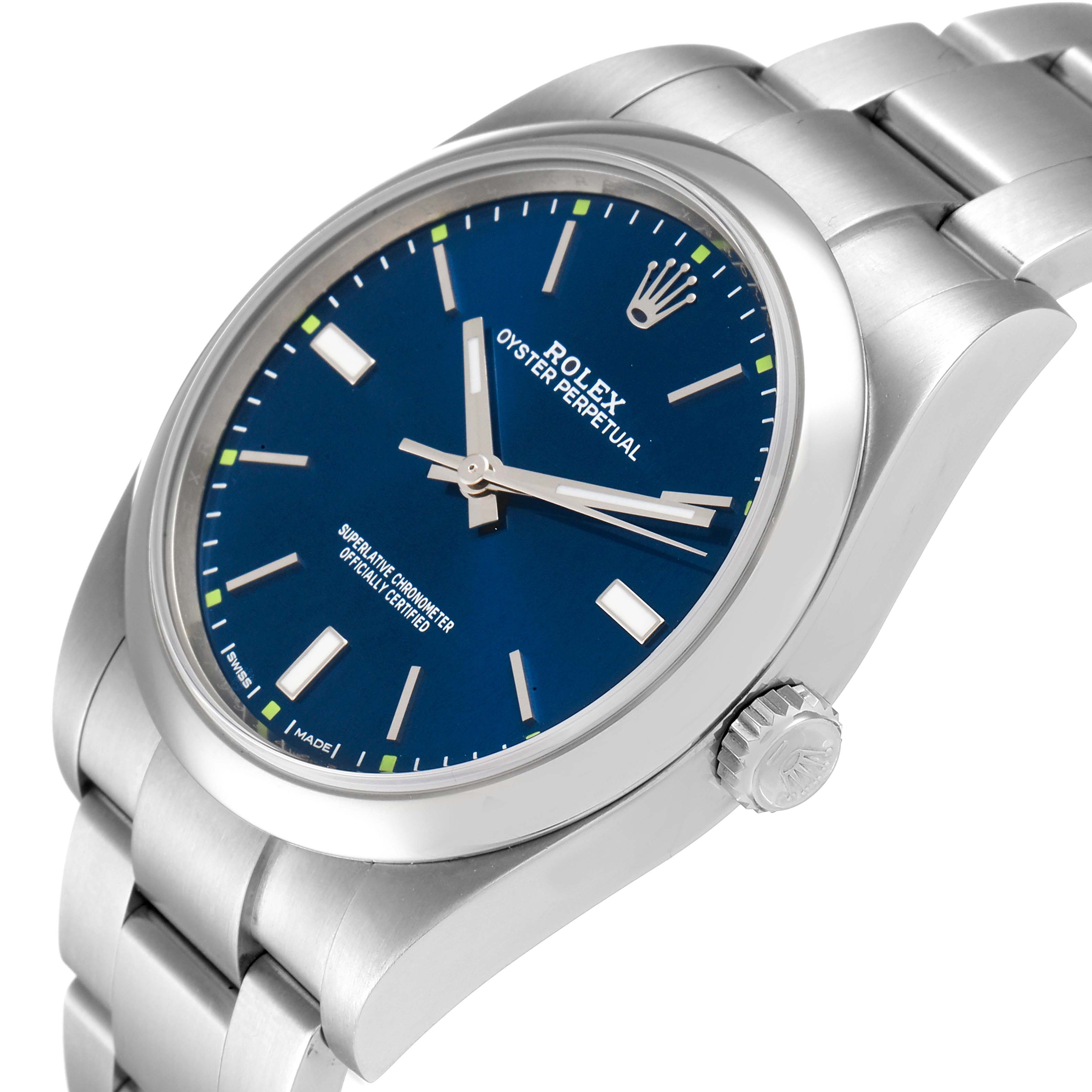 The image shows a close-up angle of the Rolex Oyster Perpetual 114300 Men
s Stainless Steel Blue Dial 114300 Men
s Stainless Steel Blue Dial watch, highlighting the dial, bezel, and part of the bracelet.
