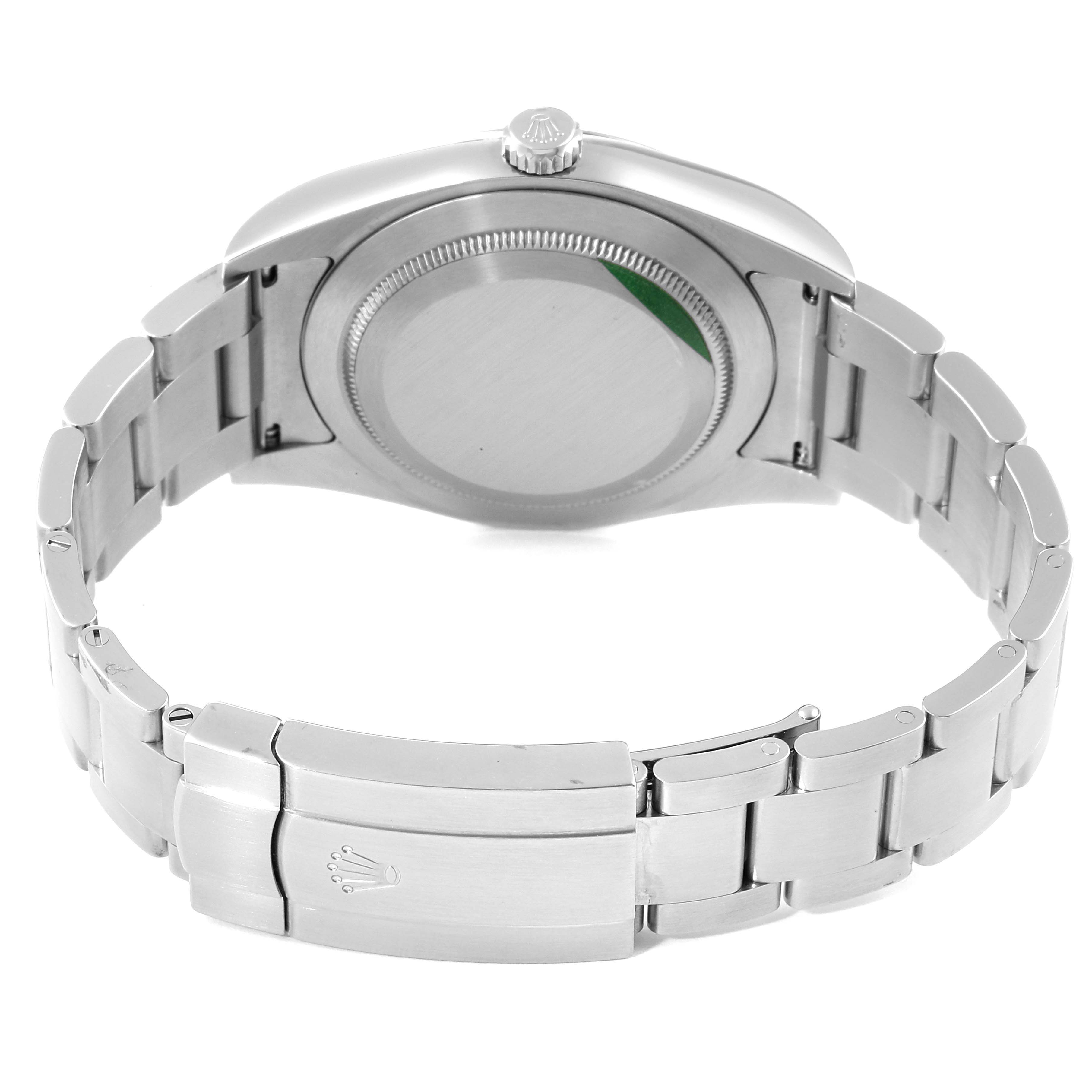 The image shows the backside and clasp of a stainless steel Rolex Oyster Perpetual 114300 Men
s Stainless Steel Blue Dial 114300 Men
s Stainless Steel Blue Dial watch.