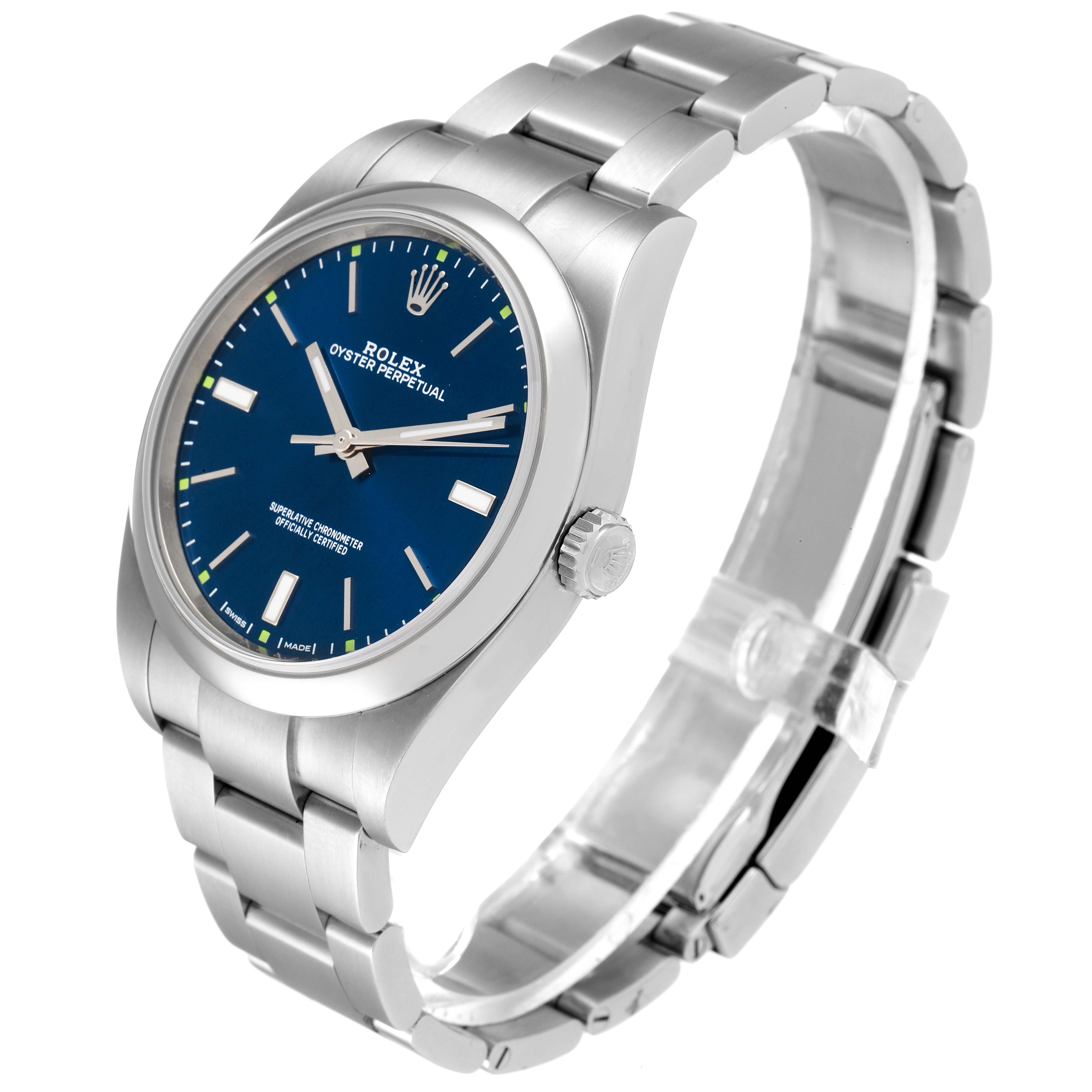 This image shows a Rolex Oyster Perpetual 114300 Men
s Stainless Steel Blue Dial 114300 Men
s Stainless Steel Blue Dial watch at a three-quarter angle, highlighting the blue dial, stainless steel case, and bracelet.