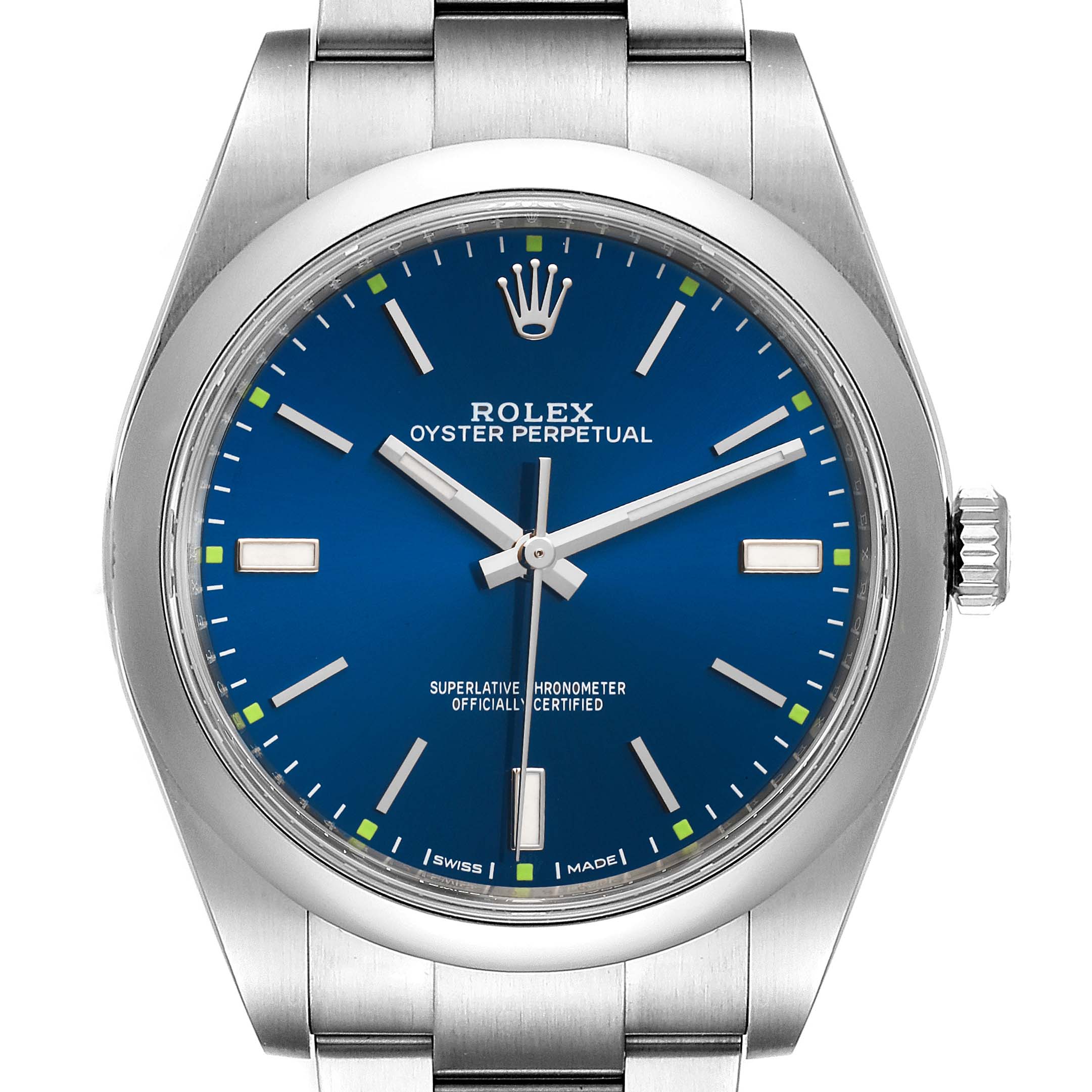 The Rolex Oyster Perpetual 114300 Men
s Stainless Steel Blue Dial 114300 Men
s Stainless Steel Blue Dial watch is shown from a straight-on angle, displaying the entire face, bezel, and part of the bracelet.