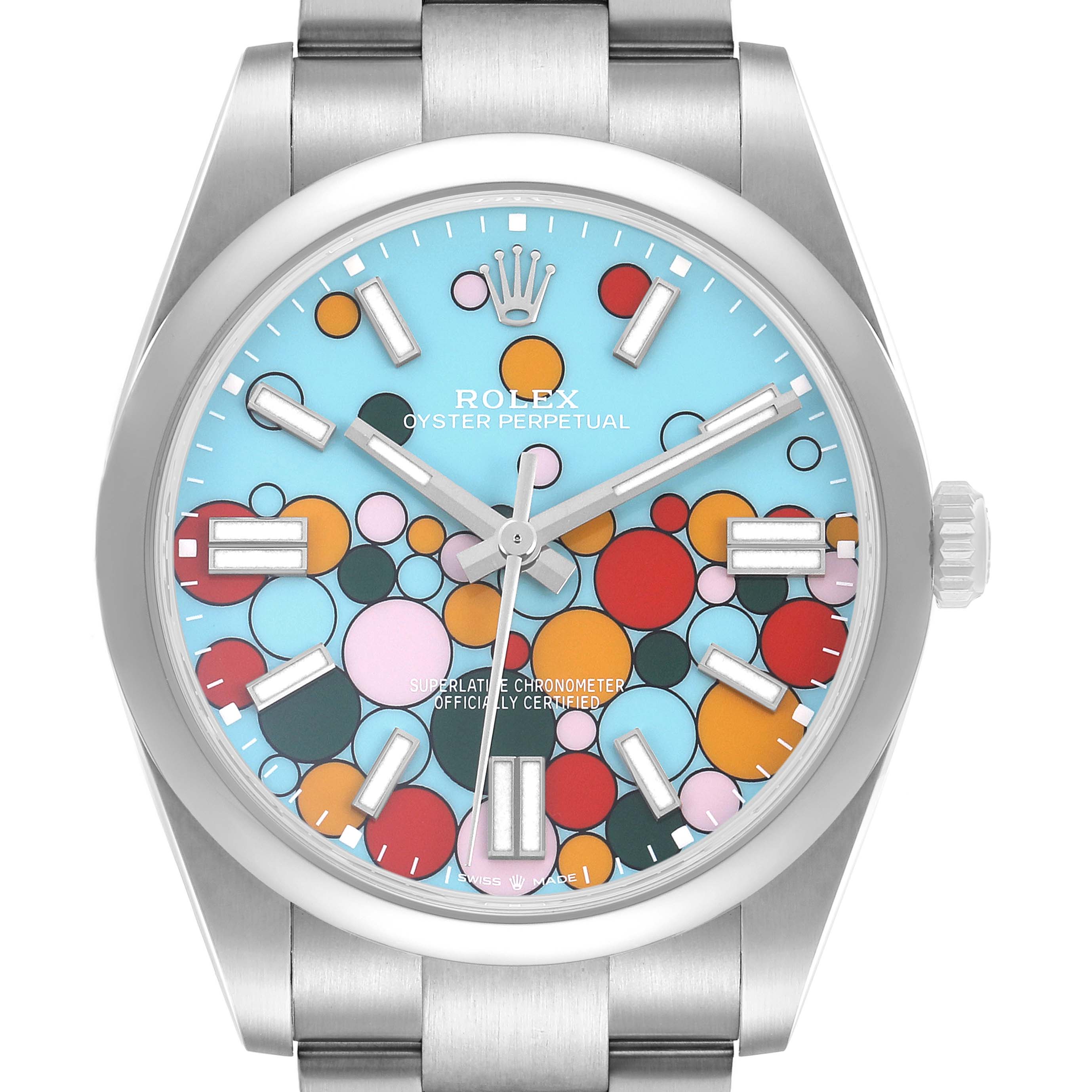 The Rolex Oyster Perpetual 124300 Men's Stainless Steel Blue Dial watch is shown from a frontal angle, displaying the colorful dial, hands, and part of the metal bracelet.