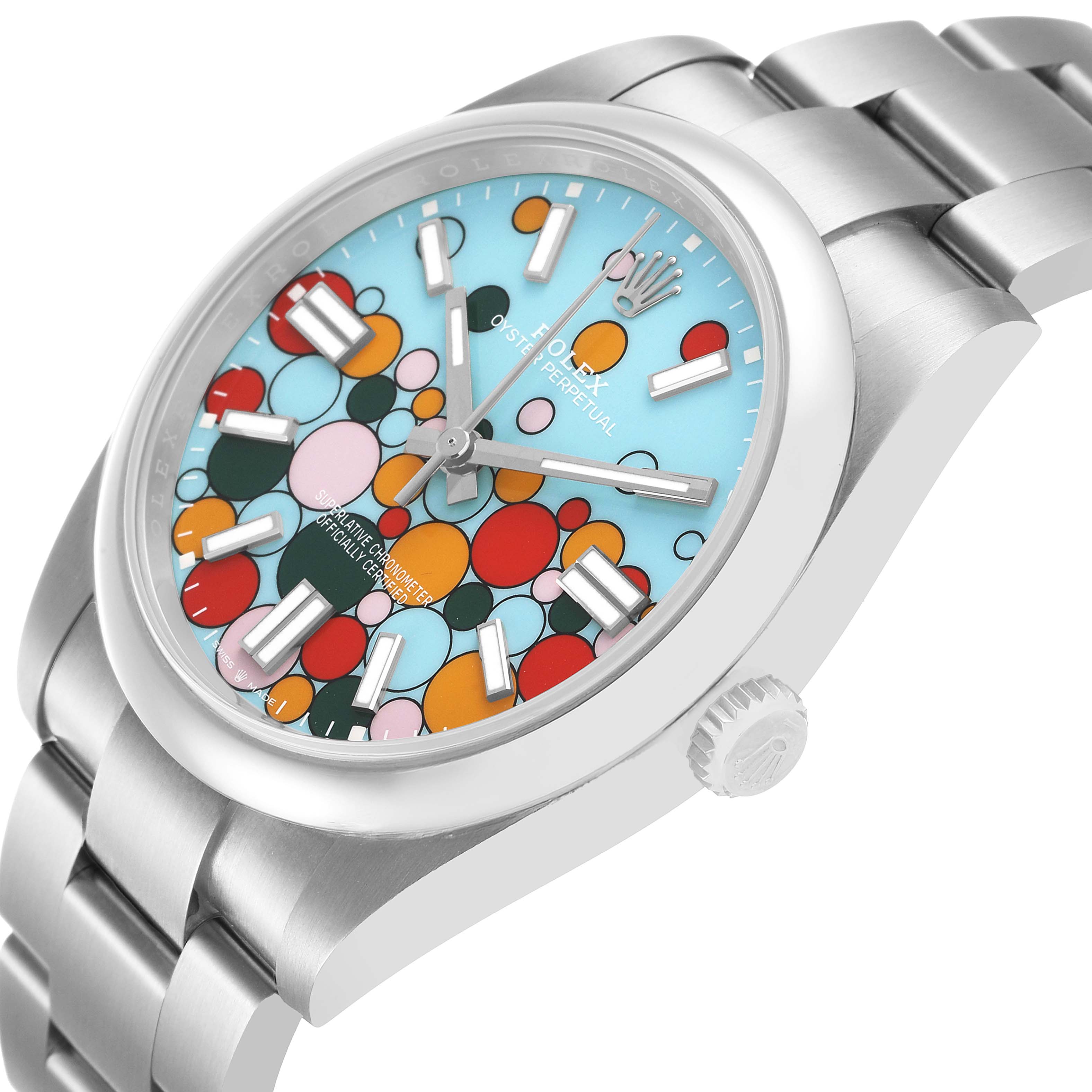 The Rolex Oyster Perpetual 124300 Men's Stainless Steel Blue Dial watch is shown at a slight angle, displaying its dial, bezel, crown, and part of the bracelet.