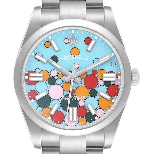The Rolex Oyster Perpetual 124300 Men's Stainless Steel Blue Dial watch is shown from the front, highlighting its colorful dial and silver bracelet.