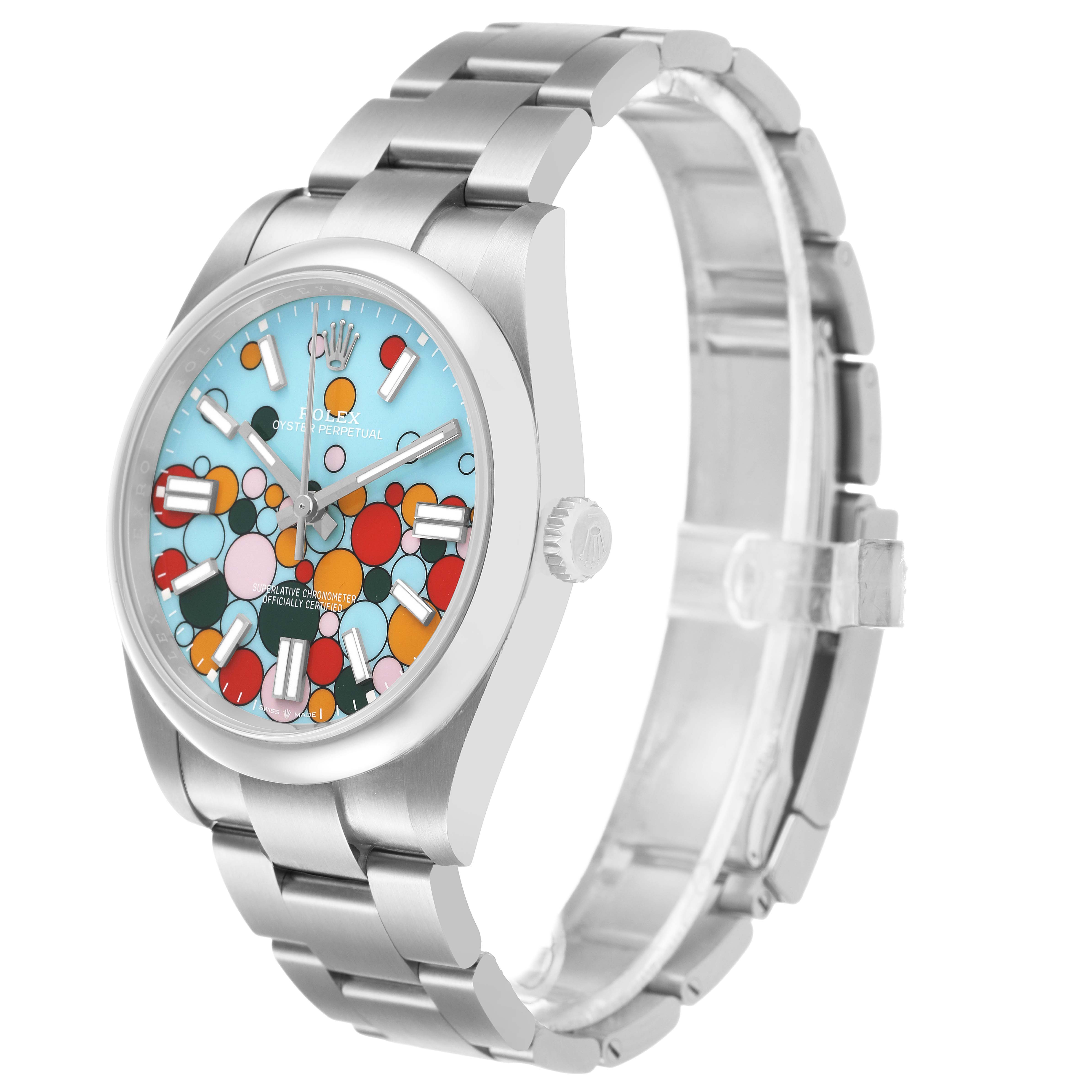 The Rolex Oyster Perpetual 124300 Men's Stainless Steel Blue Dial watch is shown at a slight angle, highlighting its colorful dial, crown, and bracelet.