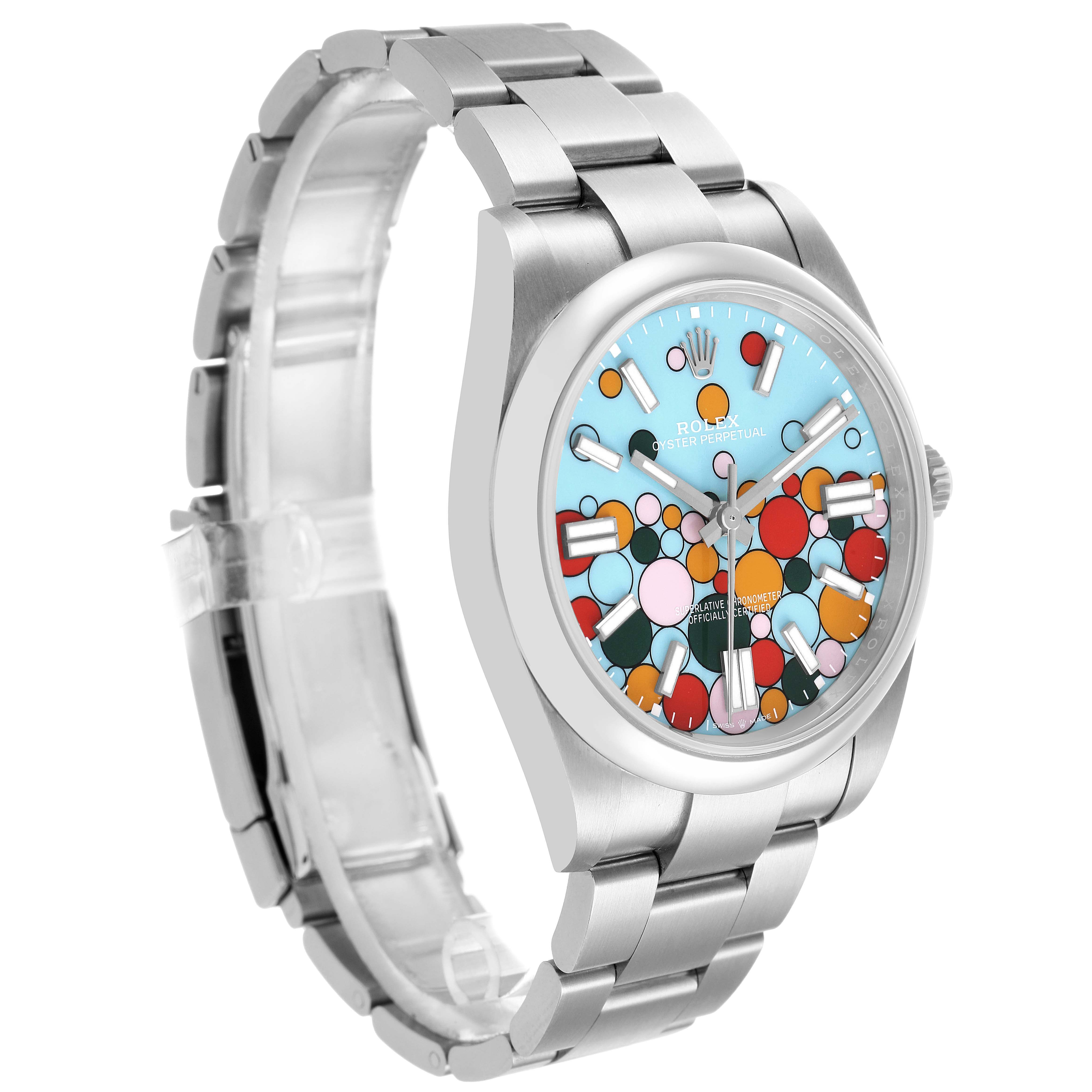 The Rolex Oyster Perpetual 124300 Men's Stainless Steel Blue Dial watch is shown at a three-quarter angle, displaying the colorful dial and part of the bracelet.