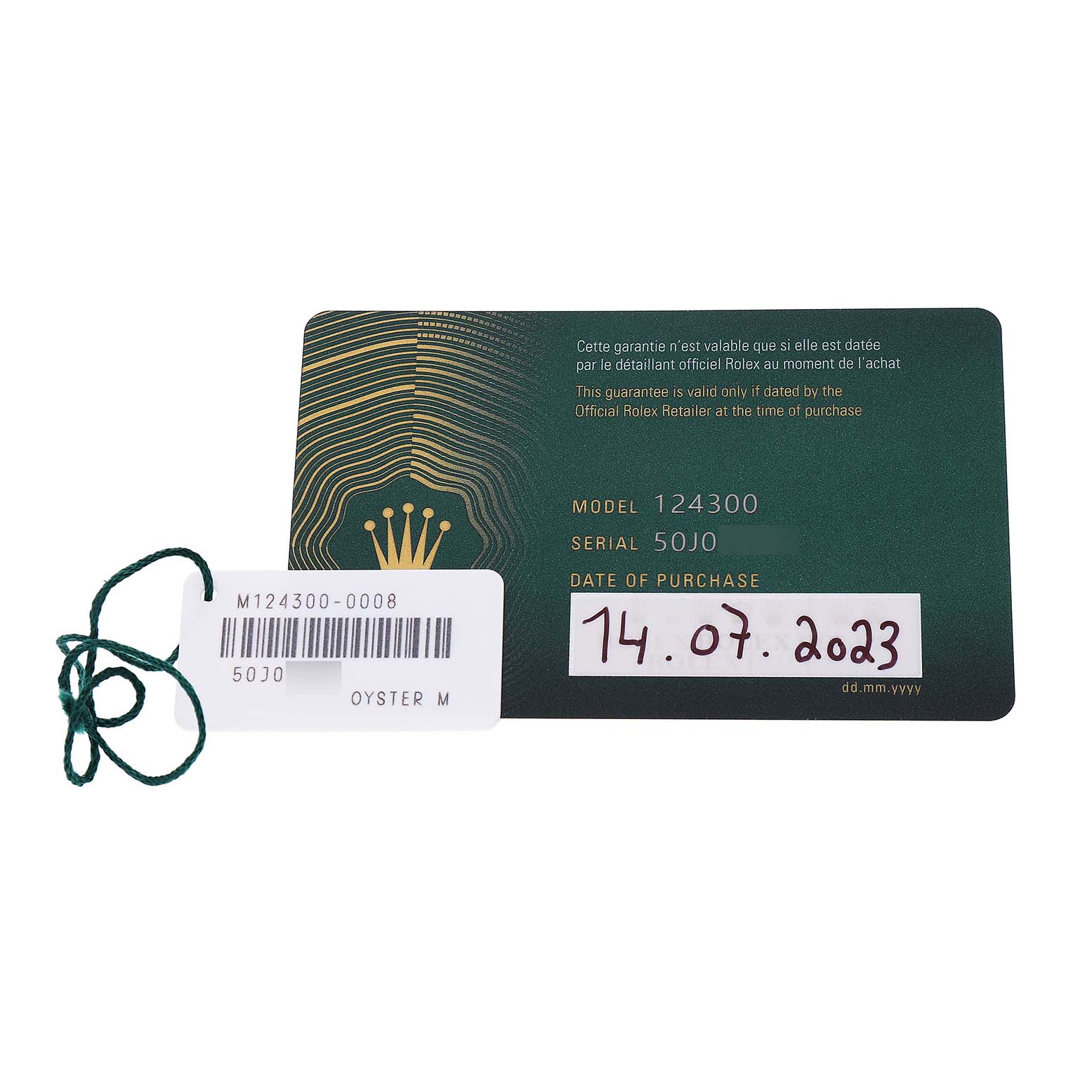 The image shows the warranty card and hang tag for a Rolex Oyster Perpetual 124300 Men's Stainless Steel Blue Dial watch, model number 124300.