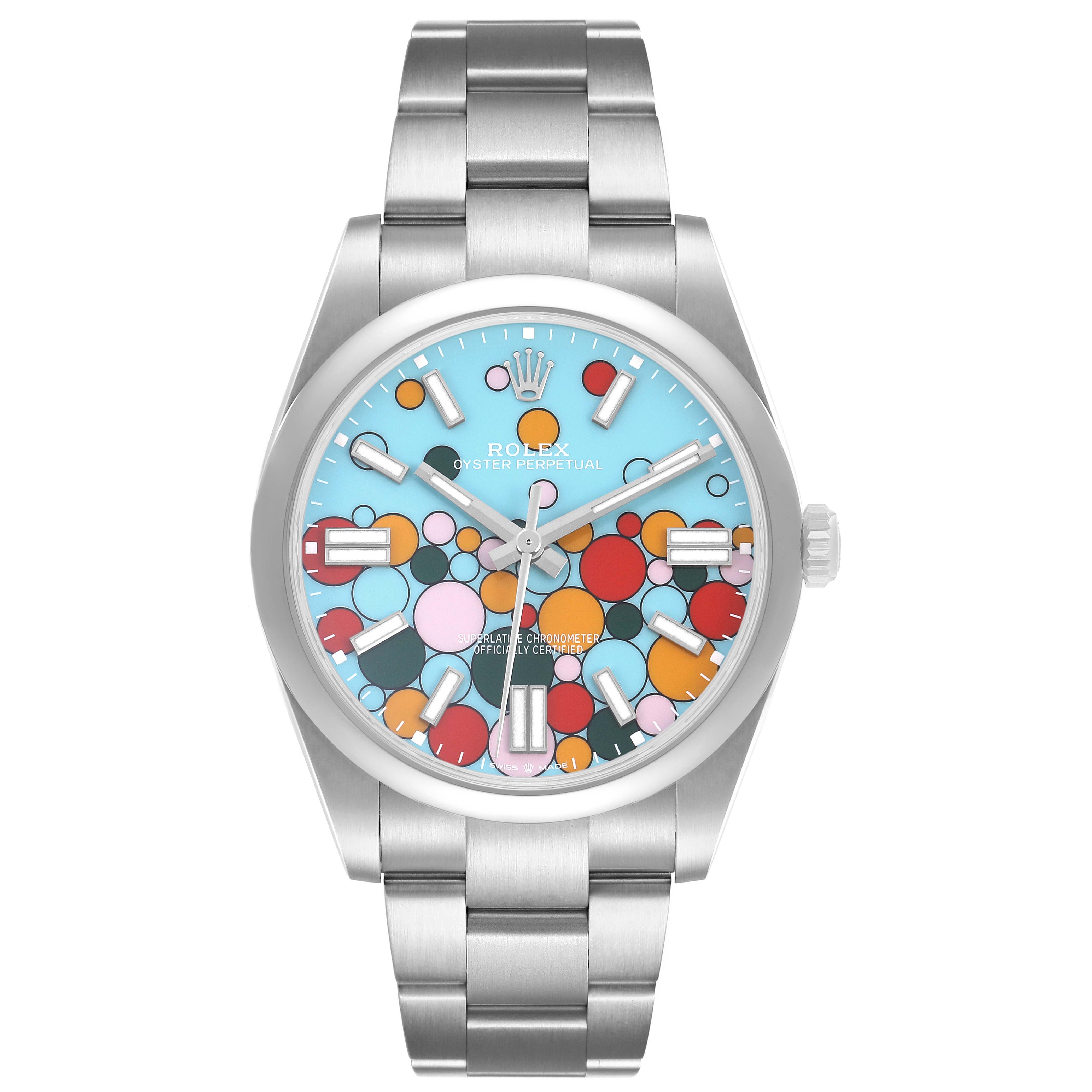 The Rolex Oyster Perpetual 124300 Men's Stainless Steel Blue Dial watch is shown from a front angle, displaying the dial, bezel, and bracelet.