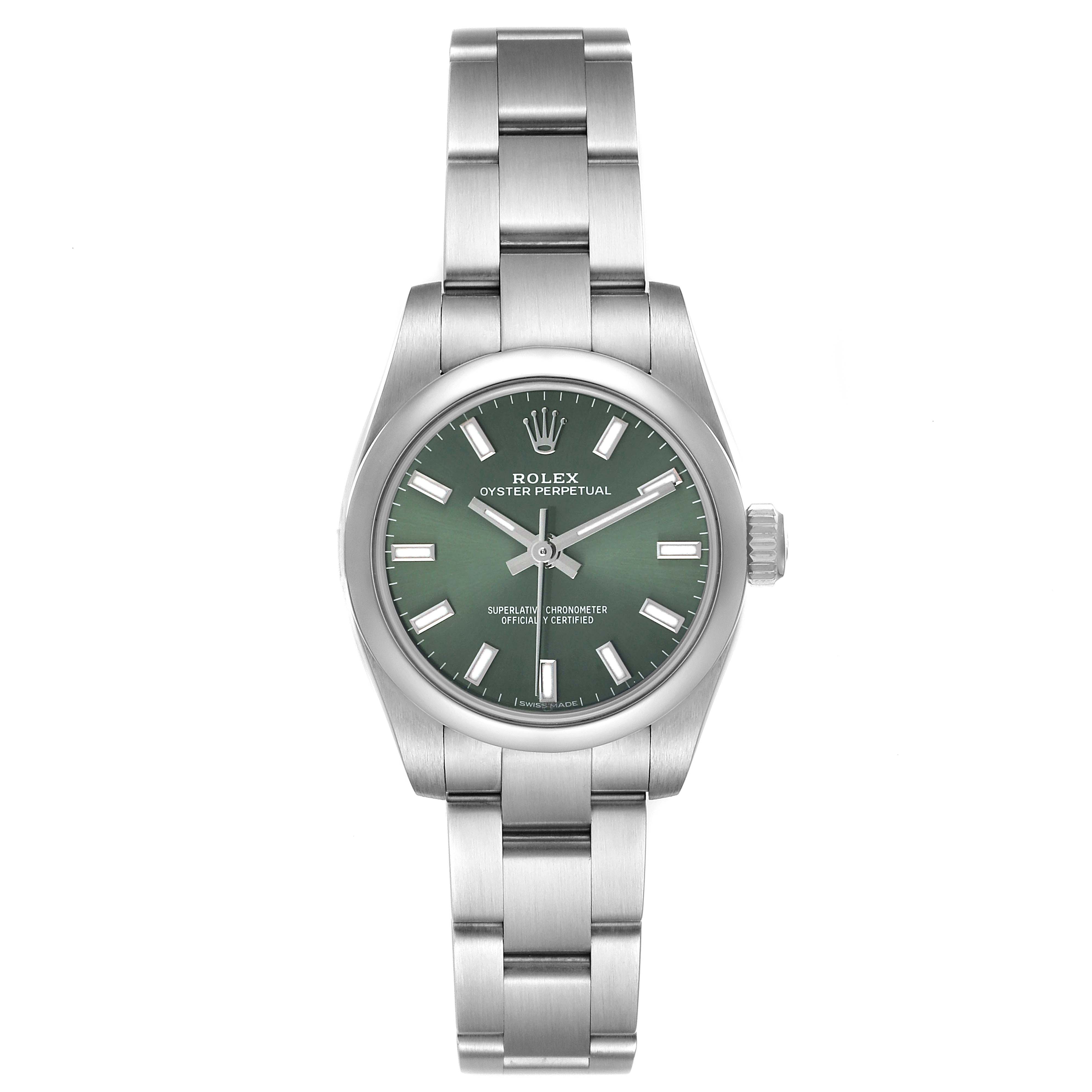 The Rolex Oyster Perpetual 176200 Women's Stainless Steel Green Dial watch is shown from a front angle, displaying the dial, bracelet, and crown.