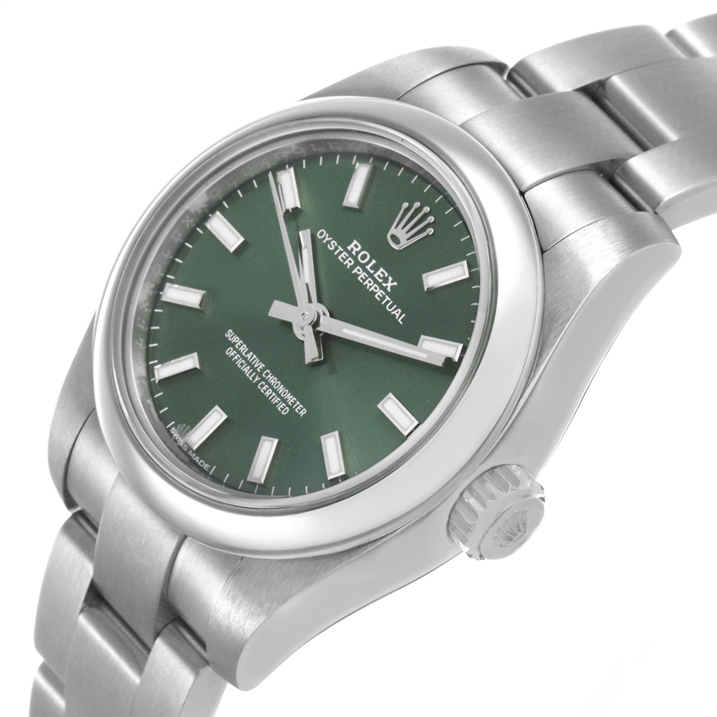 The Rolex Oyster Perpetual 176200 Women's Stainless Steel Green Dial watch is shown at a slight side angle, highlighting the green dial, bezel, crown, and part of the bracelet.
