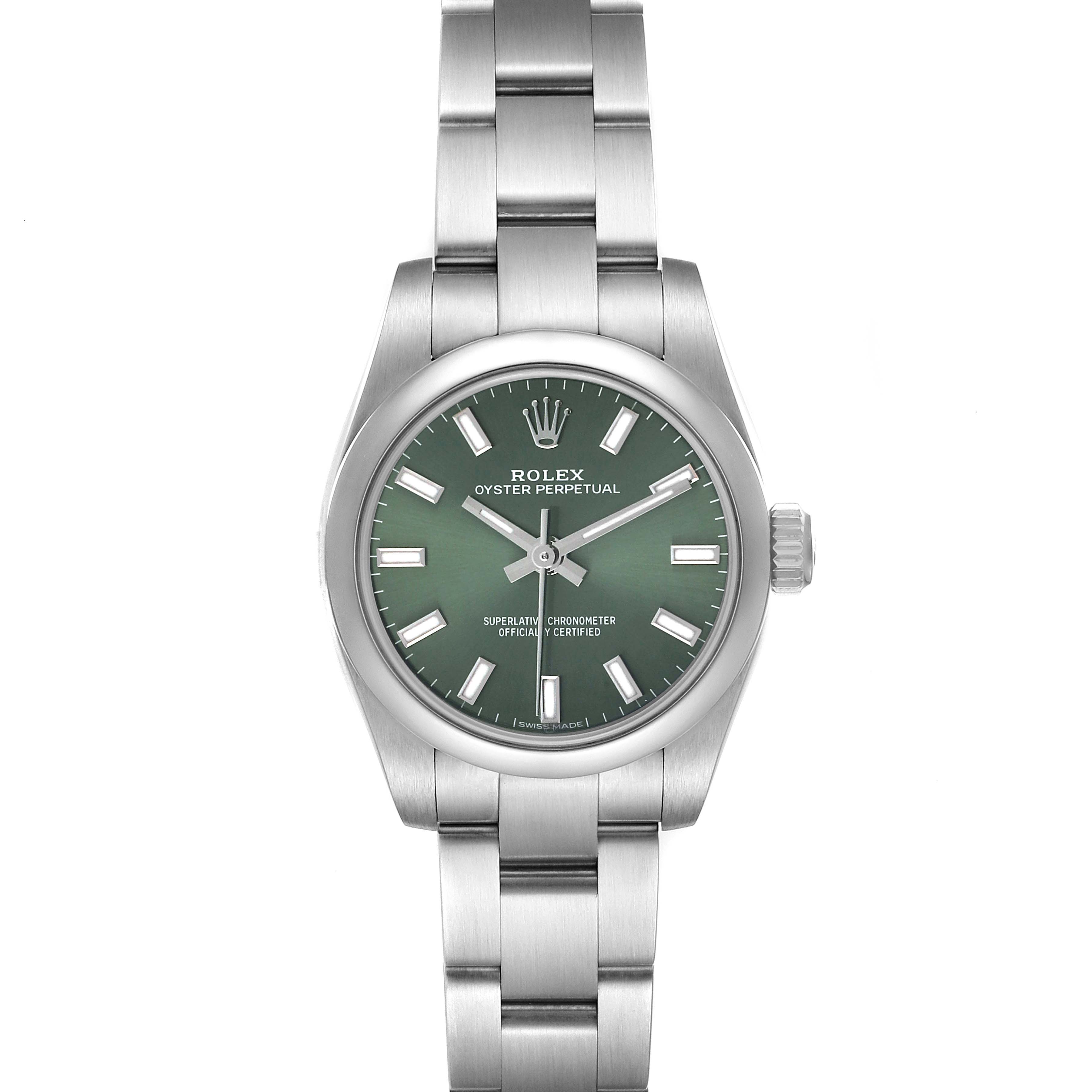 The Rolex Oyster Perpetual 176200 Women's Stainless Steel Green Dial watch is shown from a front view, displaying the green dial, silver case, bezel, and bracelet.