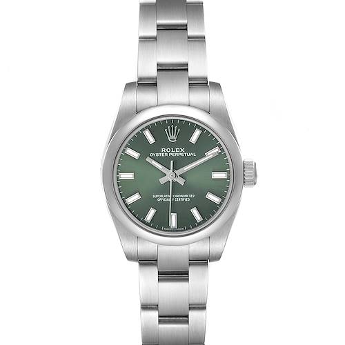 The Rolex Oyster Perpetual 176200 Women's Stainless Steel Green Dial watch is shown from a front angle, displaying the face, bezel, and bracelet.