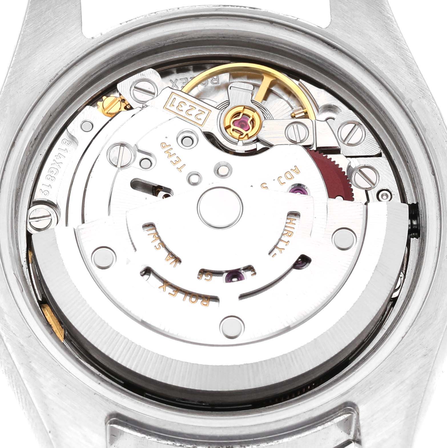 The image shows the internal movement mechanism of a Rolex Oyster Perpetual 176200 Women's Stainless Steel Green Dial watch from a top-down angle.
