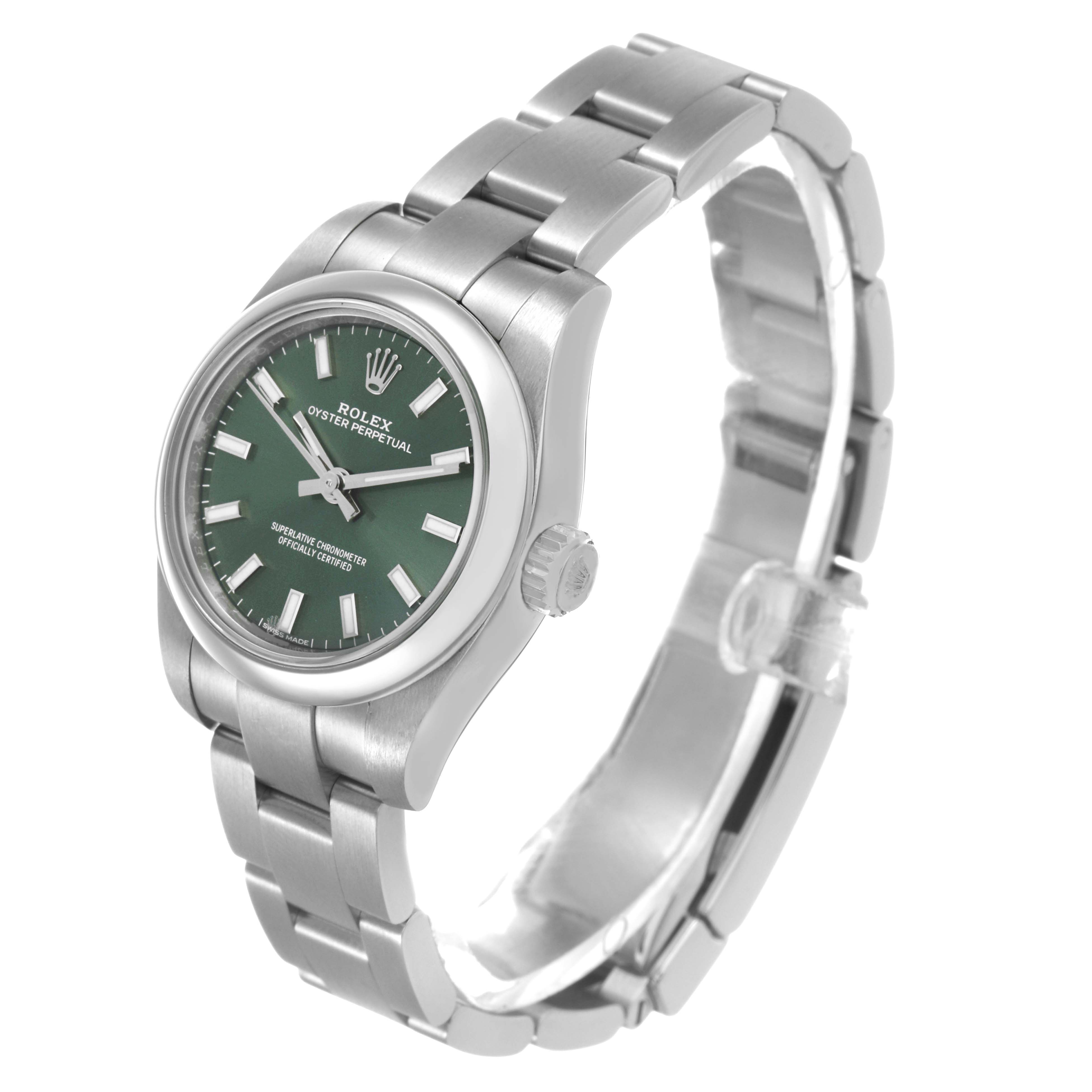 The Rolex Oyster Perpetual 176200 Women's Stainless Steel Green Dial watch is shown at a three-quarter angle, displaying the face, bezel, crown, and bracelet.