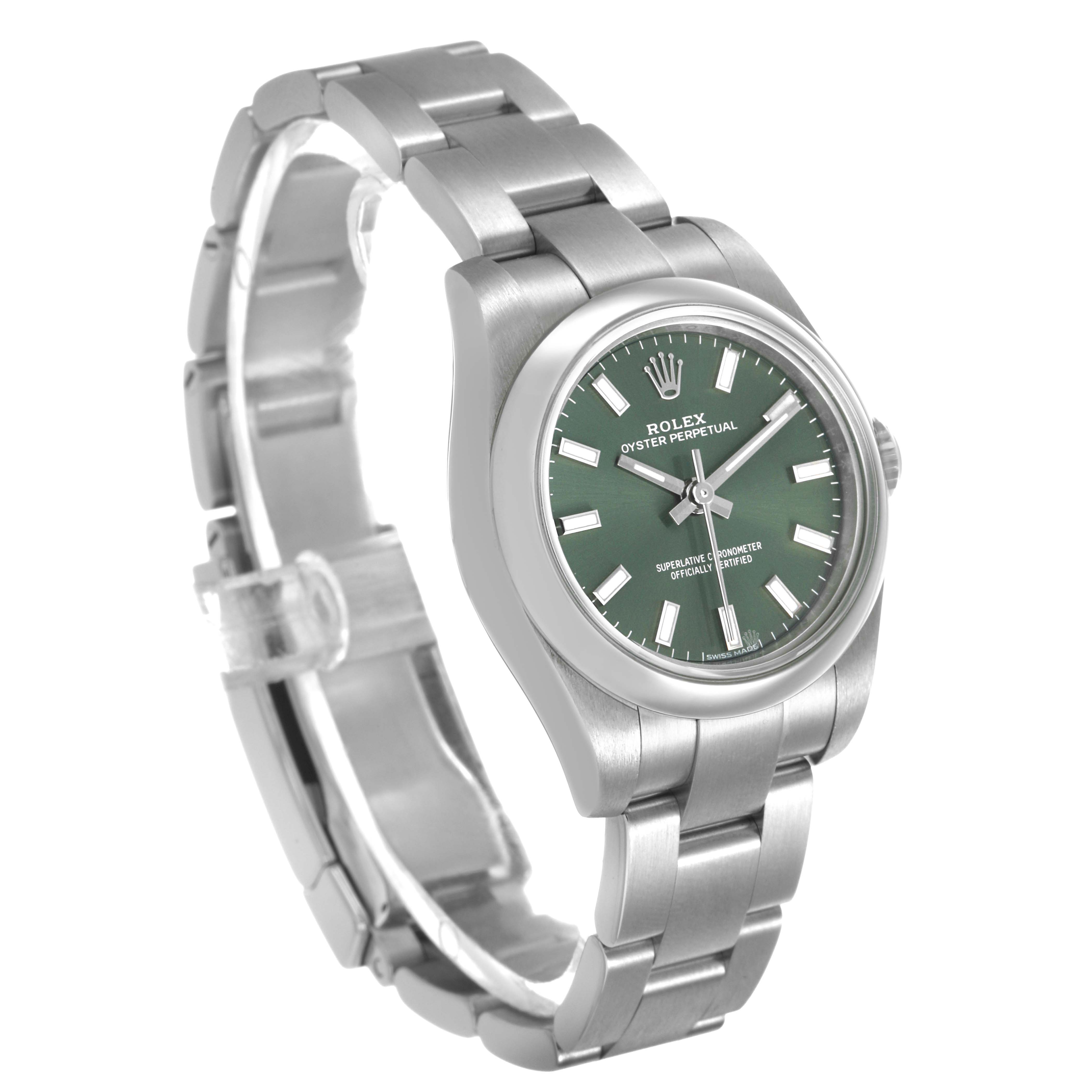 The Rolex Oyster Perpetual 176200 Women's Stainless Steel Green Dial is shown at a three-quarter angle, highlighting the green dial, case, and bracelet.