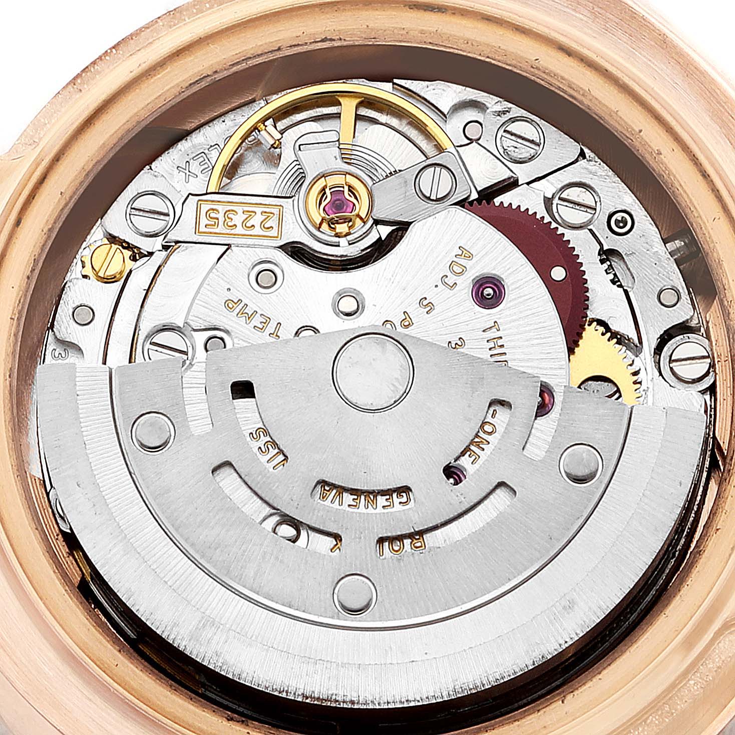 This is an inner view of the Rolex Pearlmaster 80315 Women's Rose Gold Brown Dial 80315 Women's Rose Gold Brown Dial watch, showing its movement mechanism components.