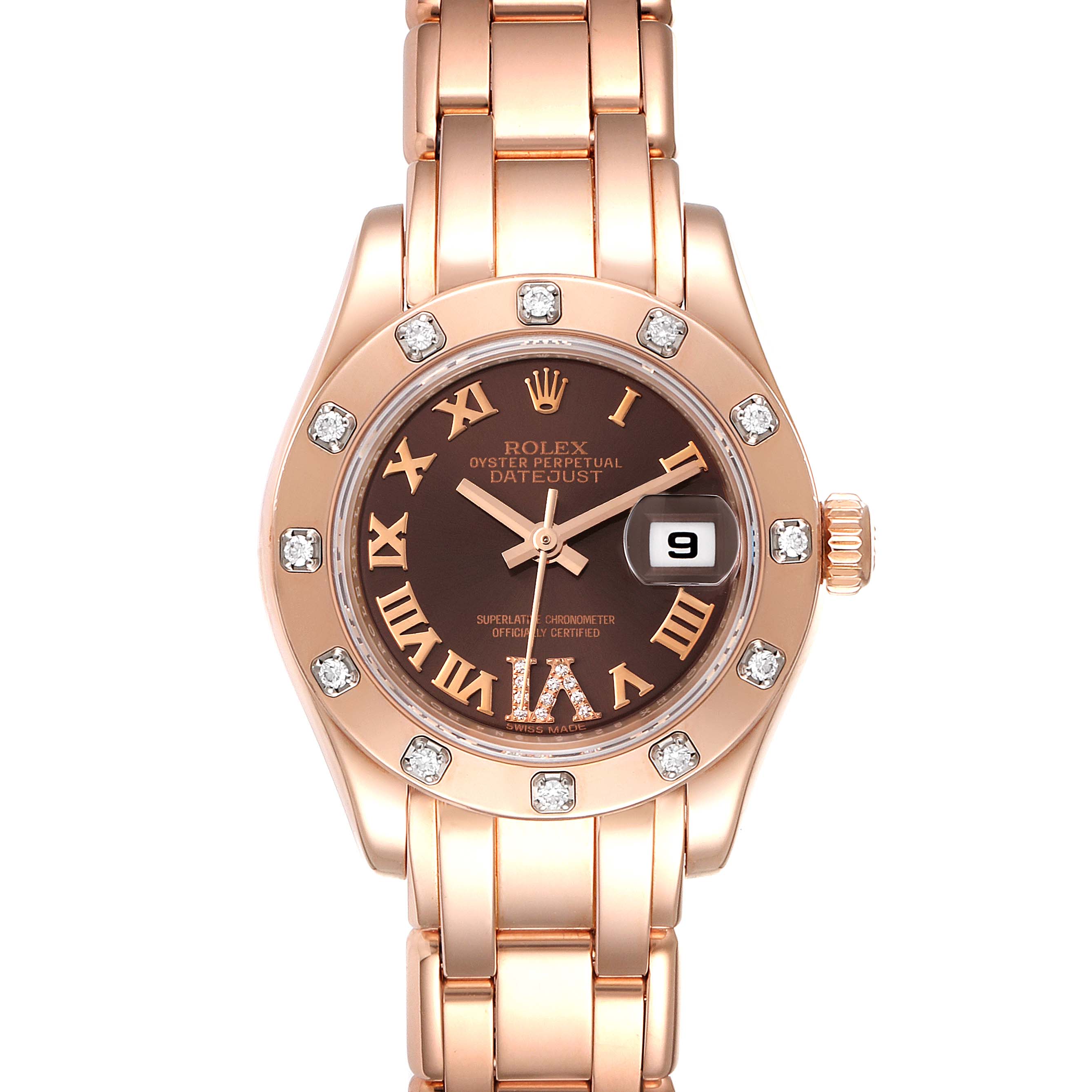 This image shows a front view of the Rolex Pearlmaster 80315 Women's Rose Gold Brown Dial 80315 Women's Rose Gold Brown Dial watch, highlighting its dial, bezel, and bracelet.