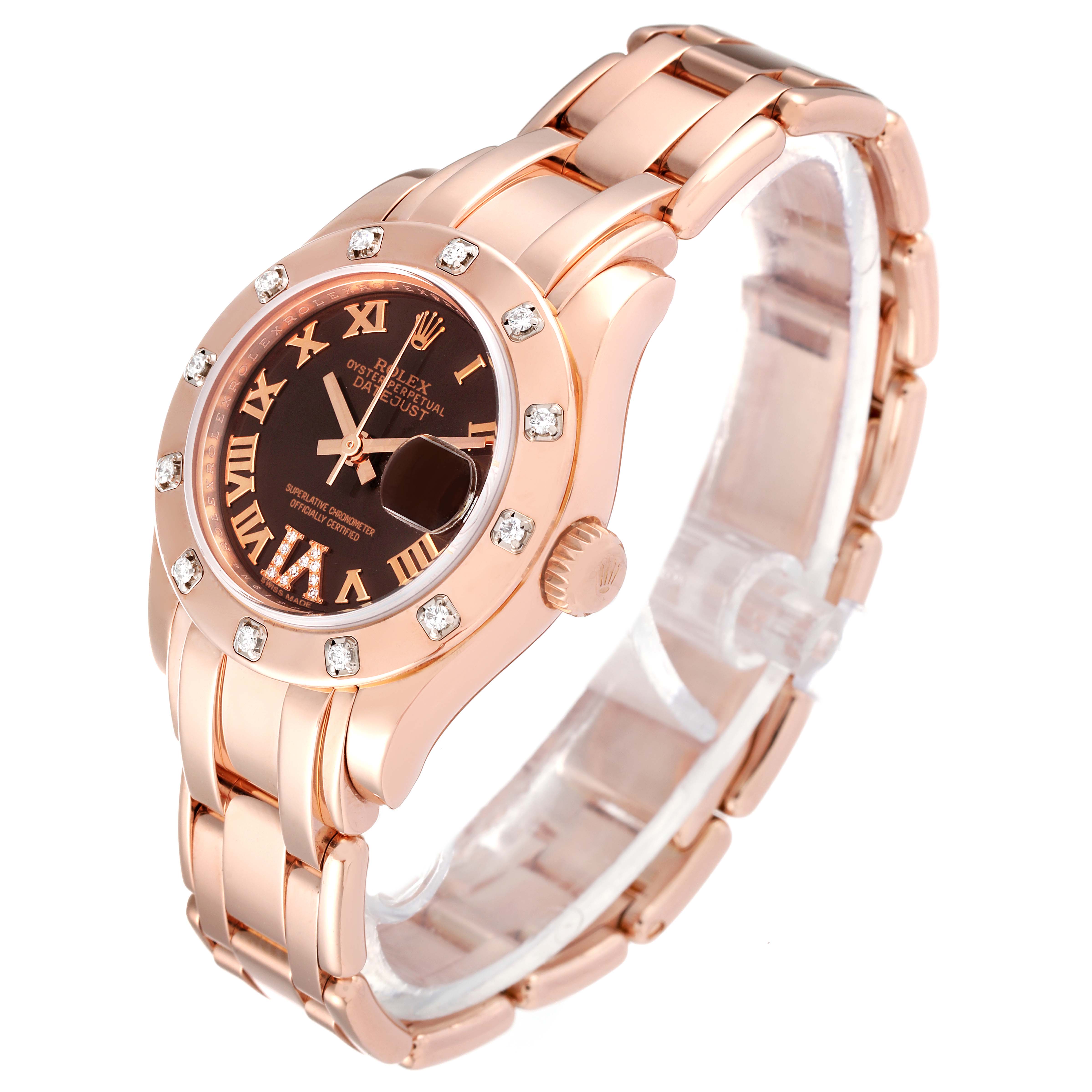 The image shows a Rolex Pearlmaster 80315 Women's Rose Gold Brown Dial 80315 Women's Rose Gold Brown Dial watch at a three-quarter angle, highlighting its rose gold bracelet, diamond-set bezel, and black dial.