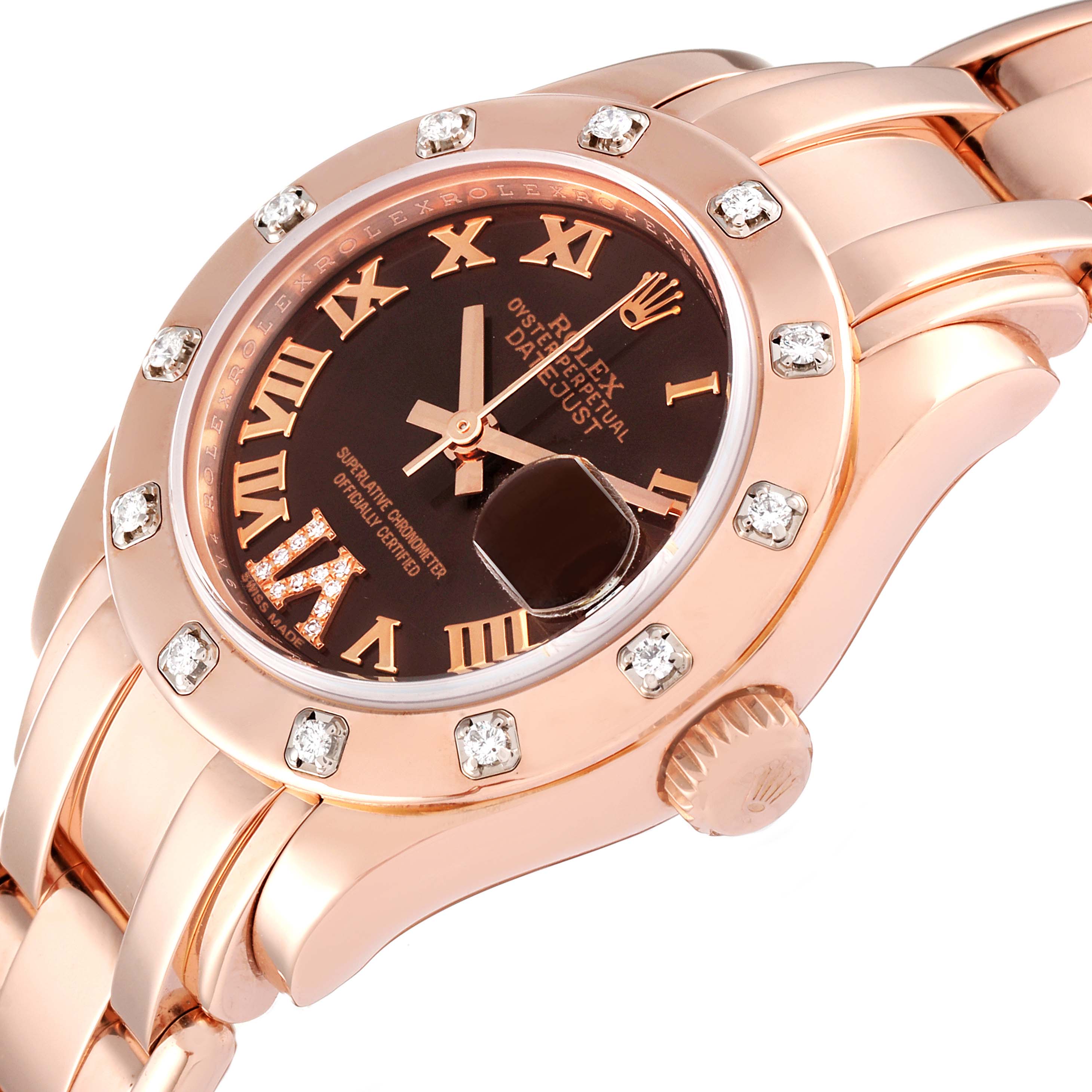The image shows a close-up angle of a Rolex Pearlmaster 80315 Women's Rose Gold Brown Dial 80315 Women's Rose Gold Brown Dial watch, highlighting its face, bezel, and part of the bracelet.