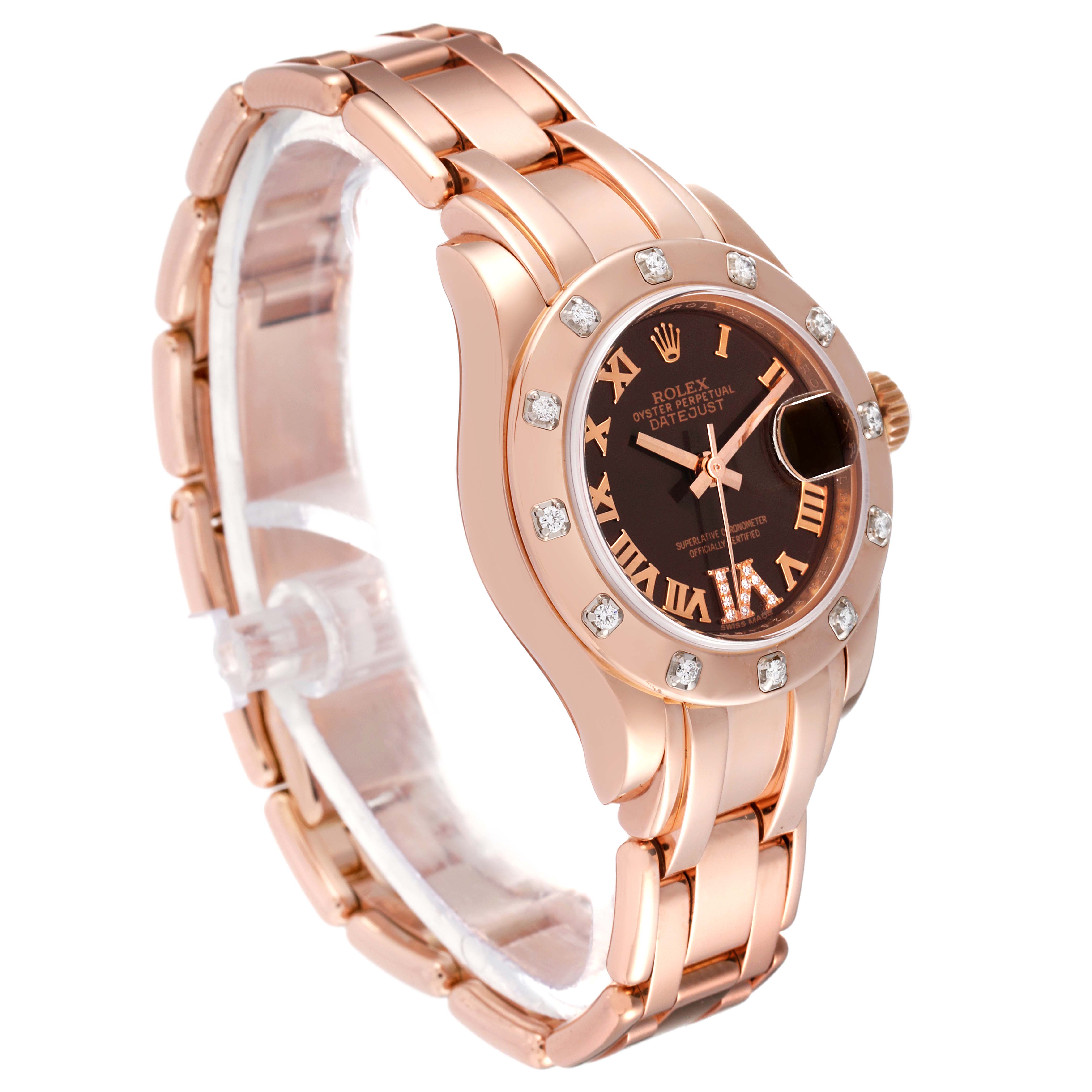 The image shows a Rolex Pearlmaster 80315 Women's Rose Gold Brown Dial 80315 Women's Rose Gold Brown Dial watch at a three-quarter angle, highlighting its rose gold band and diamond-encrusted bezel.