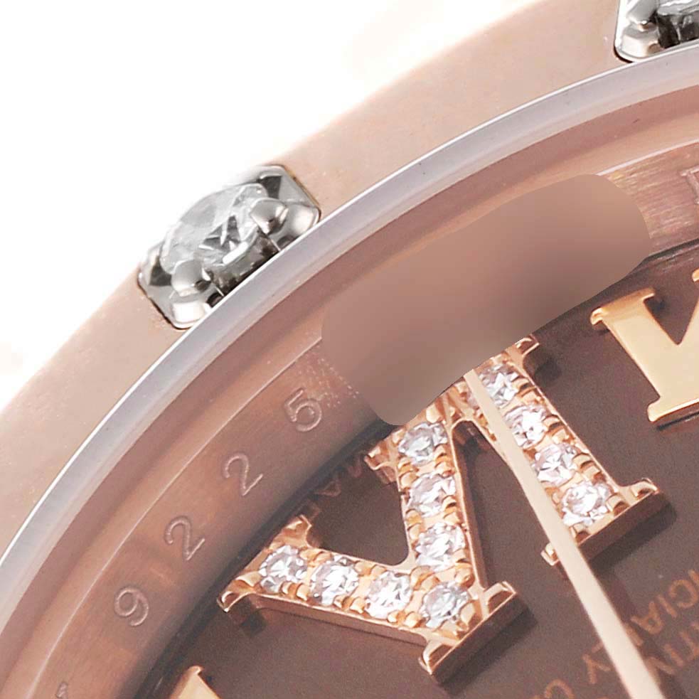 The close-up image shows part of the bezel and dial of a Rolex Pearlmaster 80315 Women's Rose Gold Brown Dial 80315 Women's Rose Gold Brown Dial watch, featuring gem-set hour markers.
