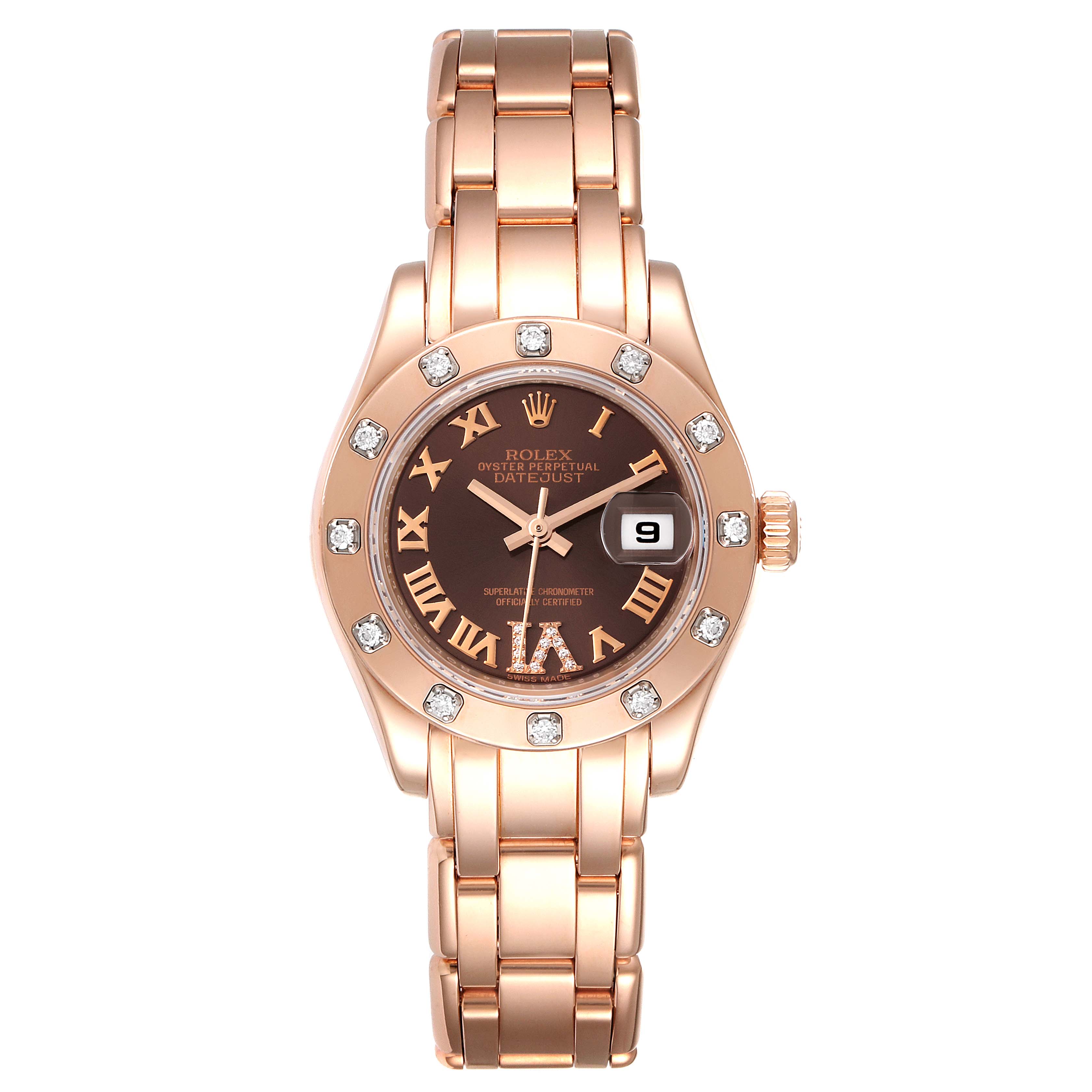 The image shows a front view of the Rolex Pearlmaster 80315 Women's Rose Gold Brown Dial 80315 Women's Rose Gold Brown Dial watch, including its rose gold bracelet and watch face with diamond markers.