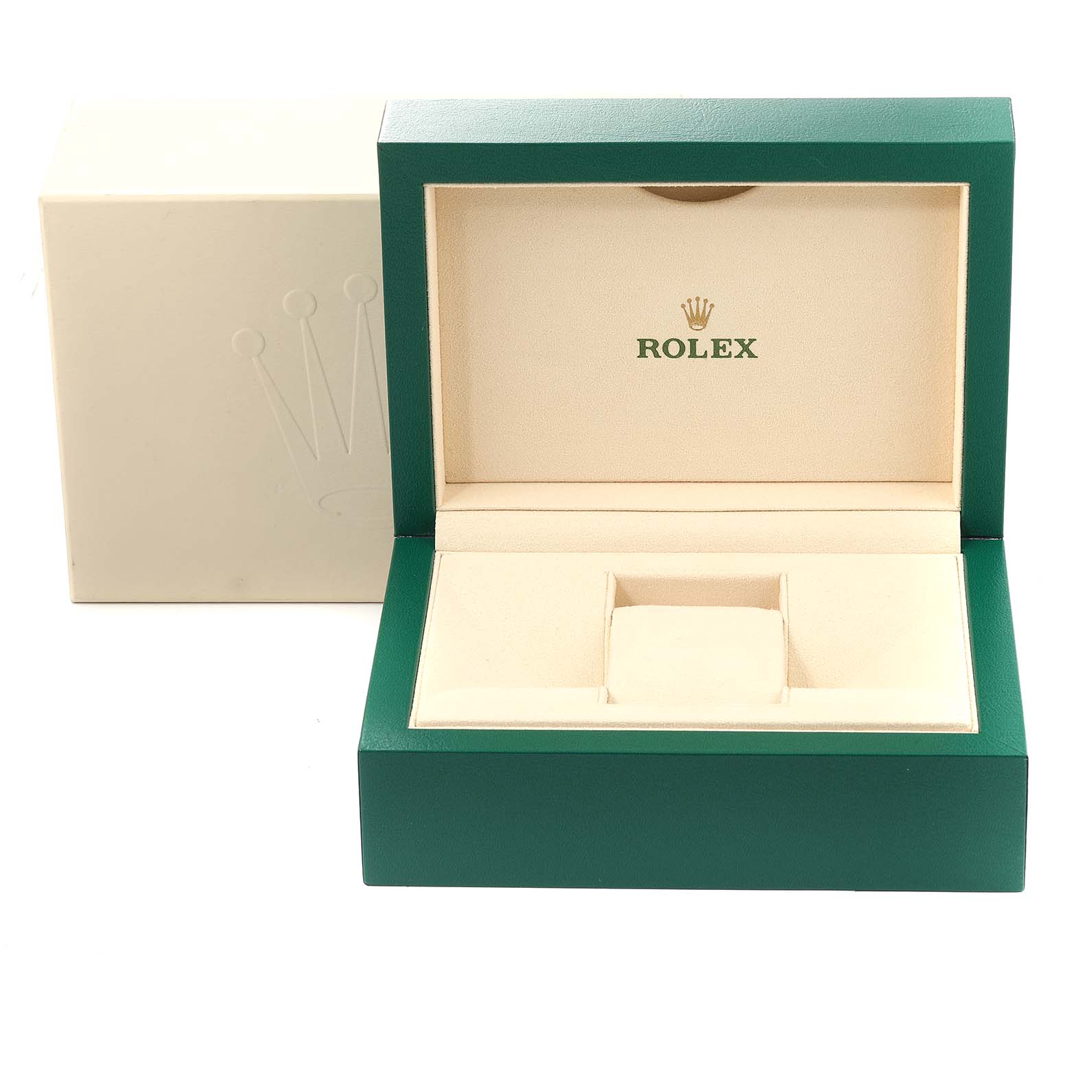 The image shows an open green and beige Rolex Pearlmaster 80315 Women's Rose Gold Brown Dial 80315 Women's Rose Gold Brown Dial watch box, featuring the Rolex logo inside.