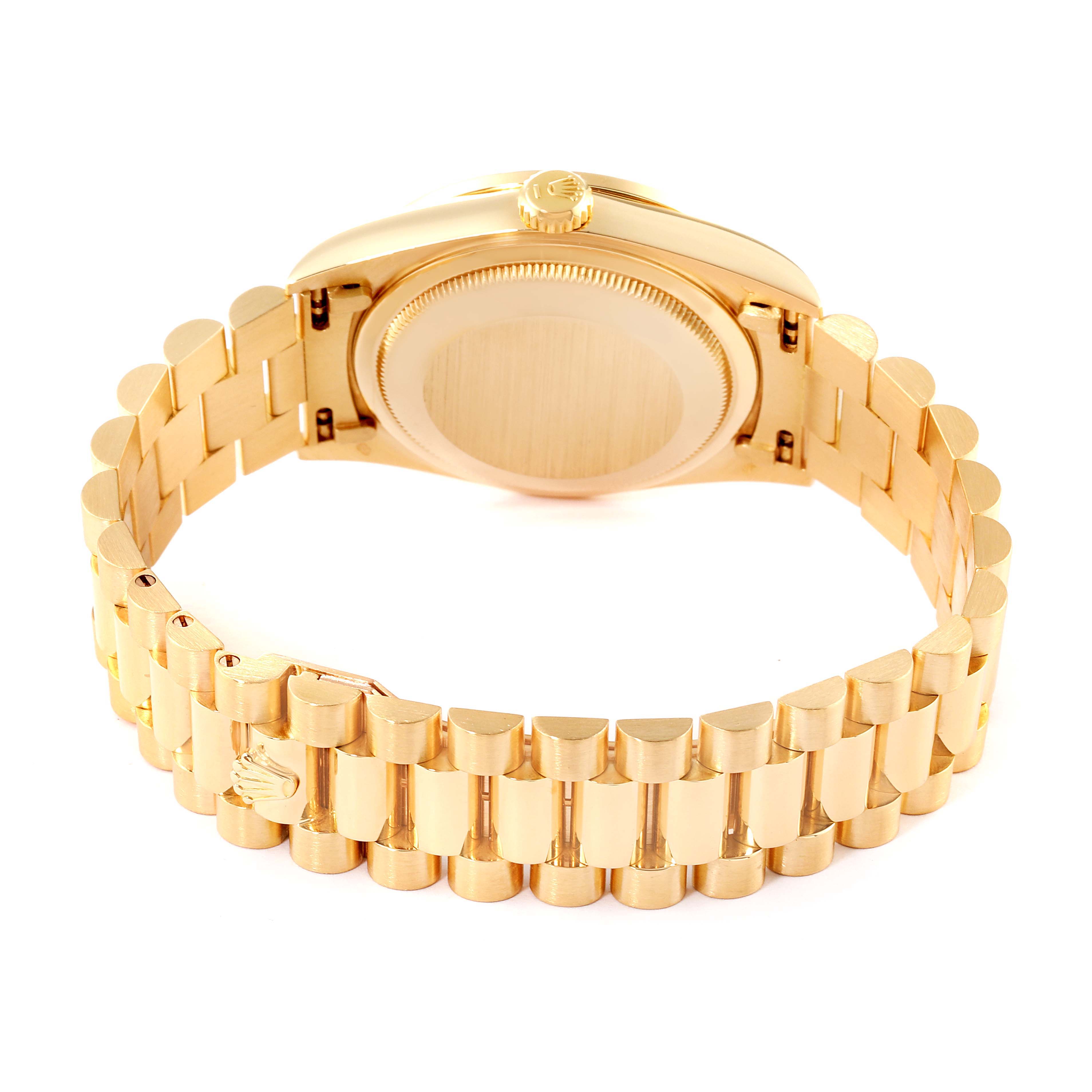This image shows the back view of the Rolex President 18348 Men's Yellow Gold Champagne Dial 18348 Men's Yellow Gold Champagne Dial watch, highlighting the bracelet and case back.