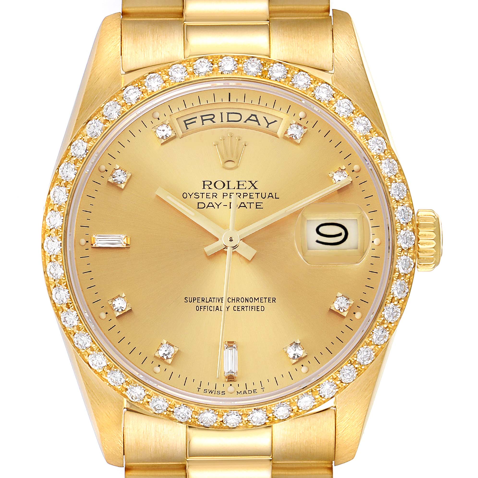 This image displays a front view of the Rolex Day-Date President model, highlighting the gold case, bezel with diamonds, and day-date features.