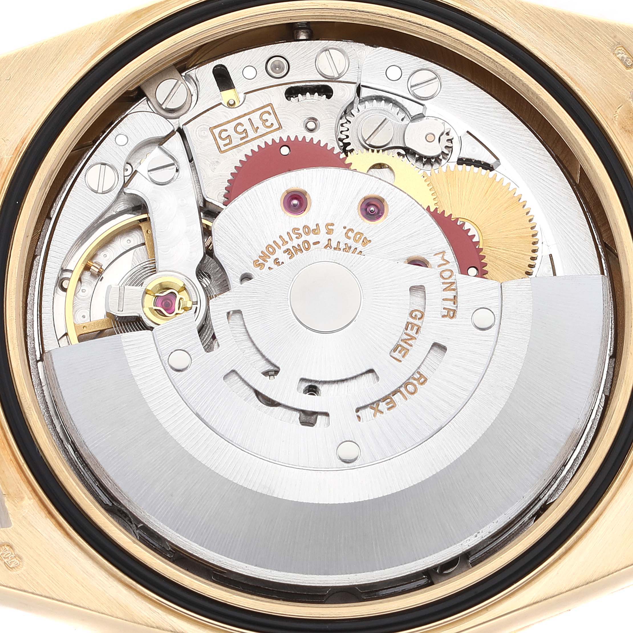 This image shows the movement components of the Rolex President 18348 Men's Yellow Gold Champagne Dial 18348 Men's Yellow Gold Champagne Dial model watch from a back angle with the case back removed.