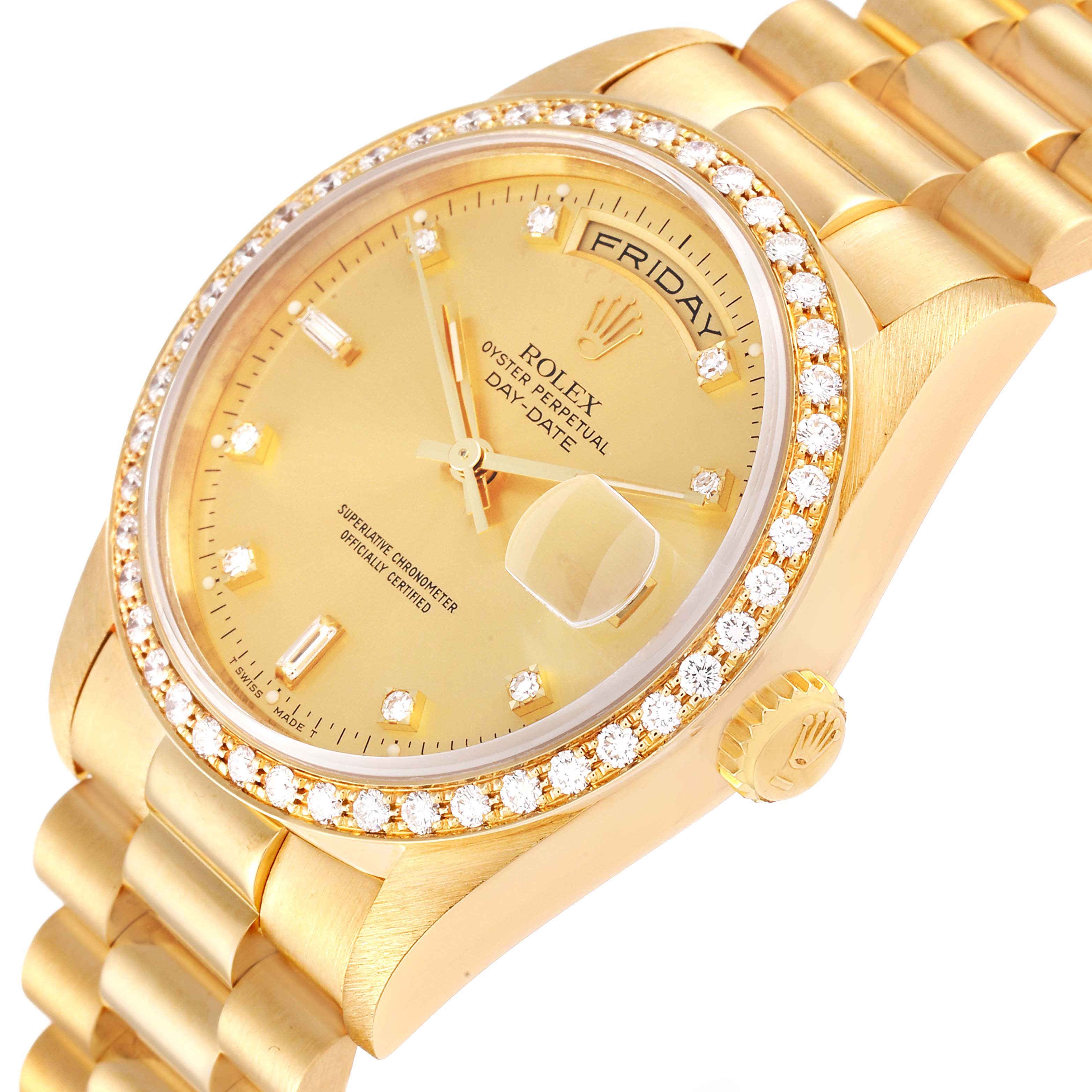This image displays a Rolex President 18348 Men's Yellow Gold Champagne Dial 18348 Men's Yellow Gold Champagne Dial model watch at an angled view, showcasing the dial, bezel with diamonds, crown, and part of the bracelet.