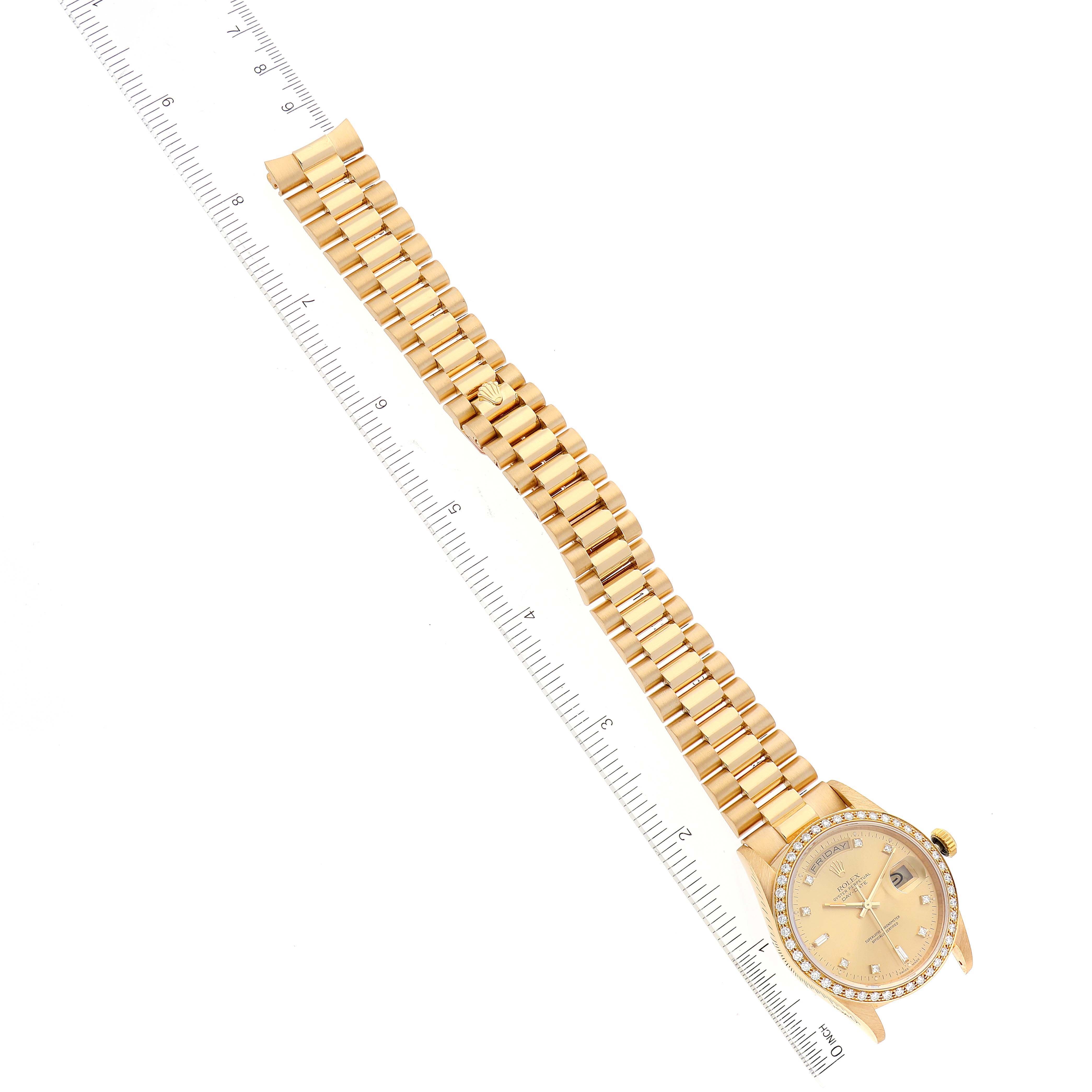 The image shows a Rolex President 18348 Men's Yellow Gold Champagne Dial 18348 Men's Yellow Gold Champagne Dial model watch with its face and bracelet laid flat next to a ruler for scale.