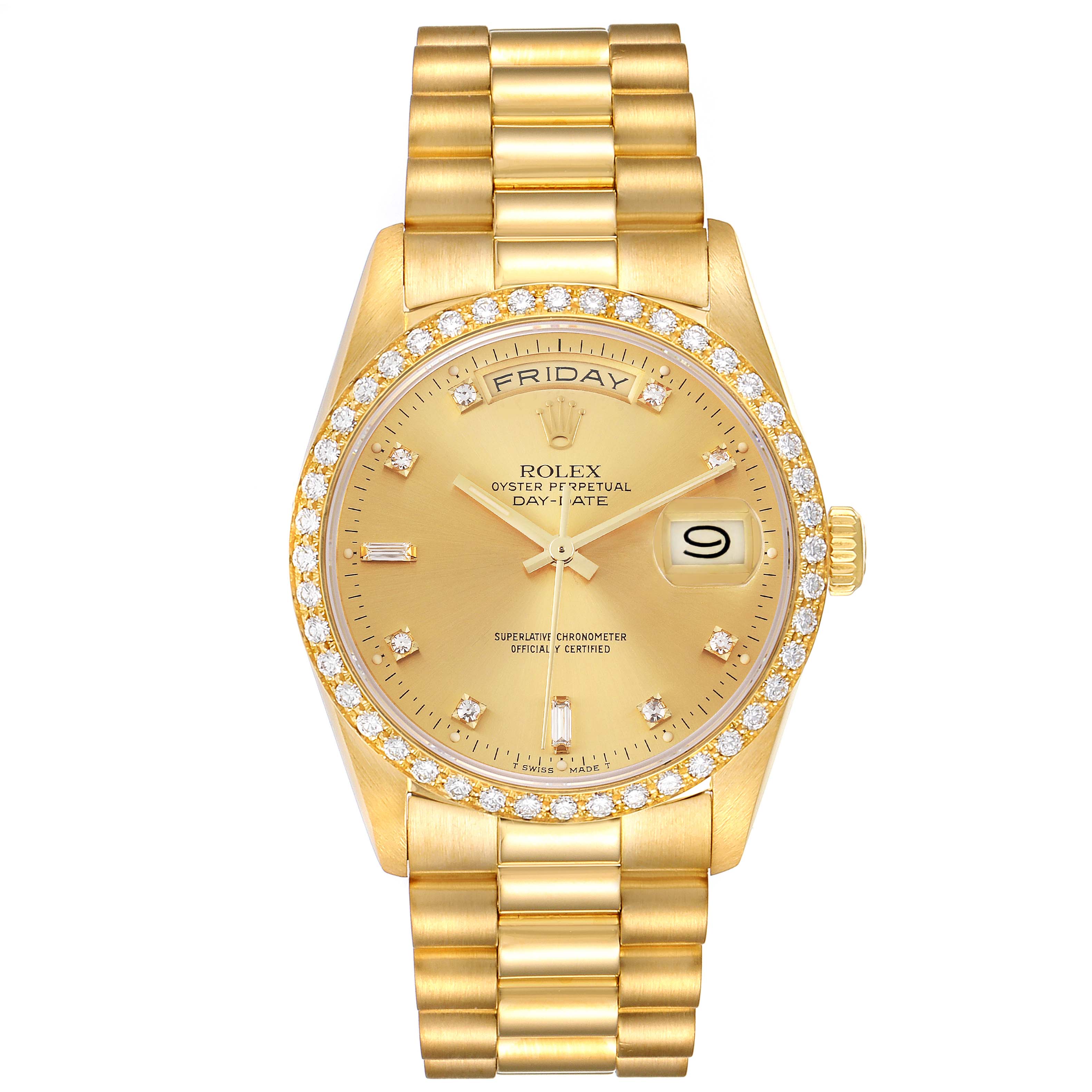 The image shows a front view of a Rolex President 18348 Men's Yellow Gold Champagne Dial 18348 Men's Yellow Gold Champagne Dial model watch, displaying the face, bezel, and bracelet.