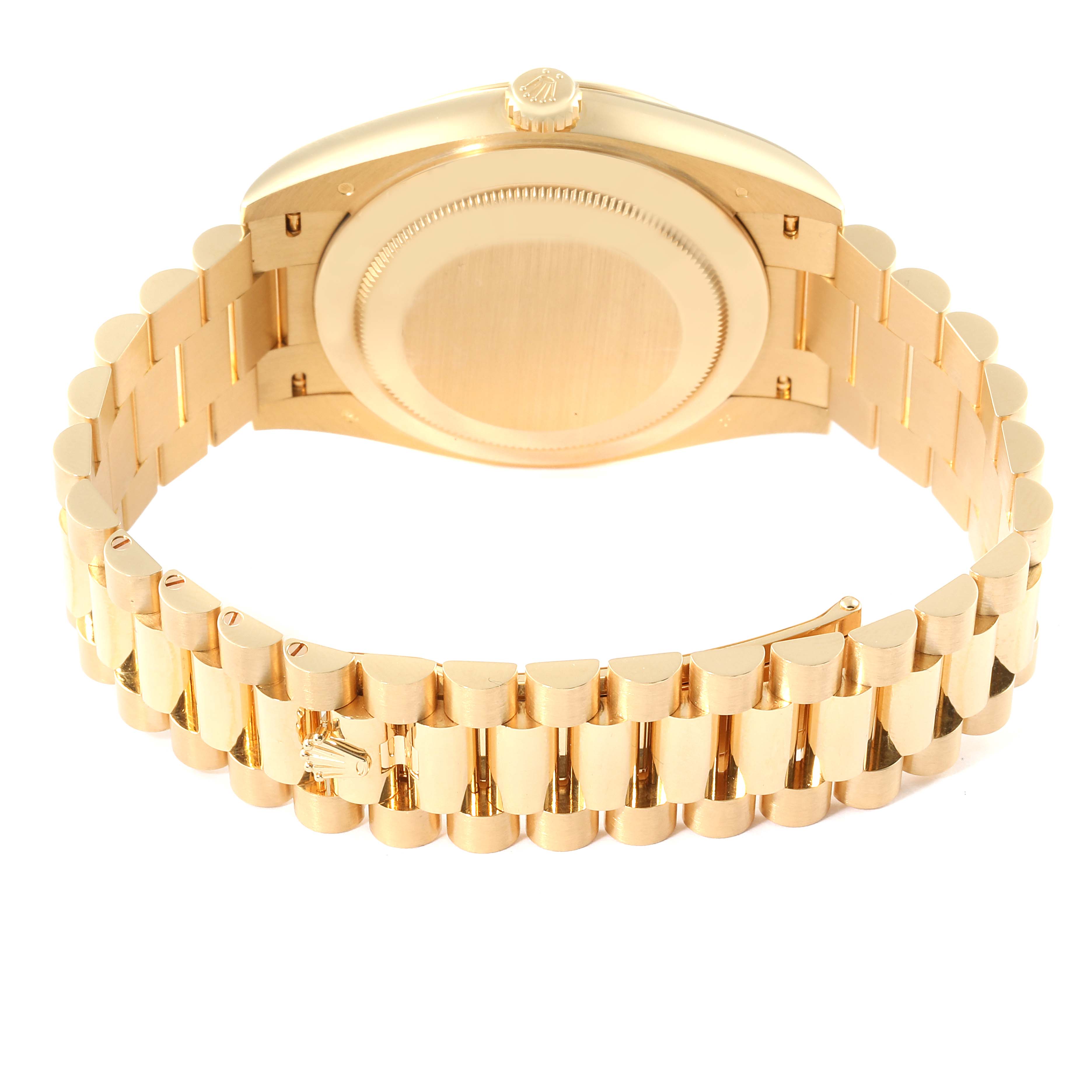 This image shows the back and bracelet of a Rolex President 228238 Men's Yellow Gold Silver Dial 228238 Men's Yellow Gold Silver Dial model watch, featuring its gold case and iconic link design.