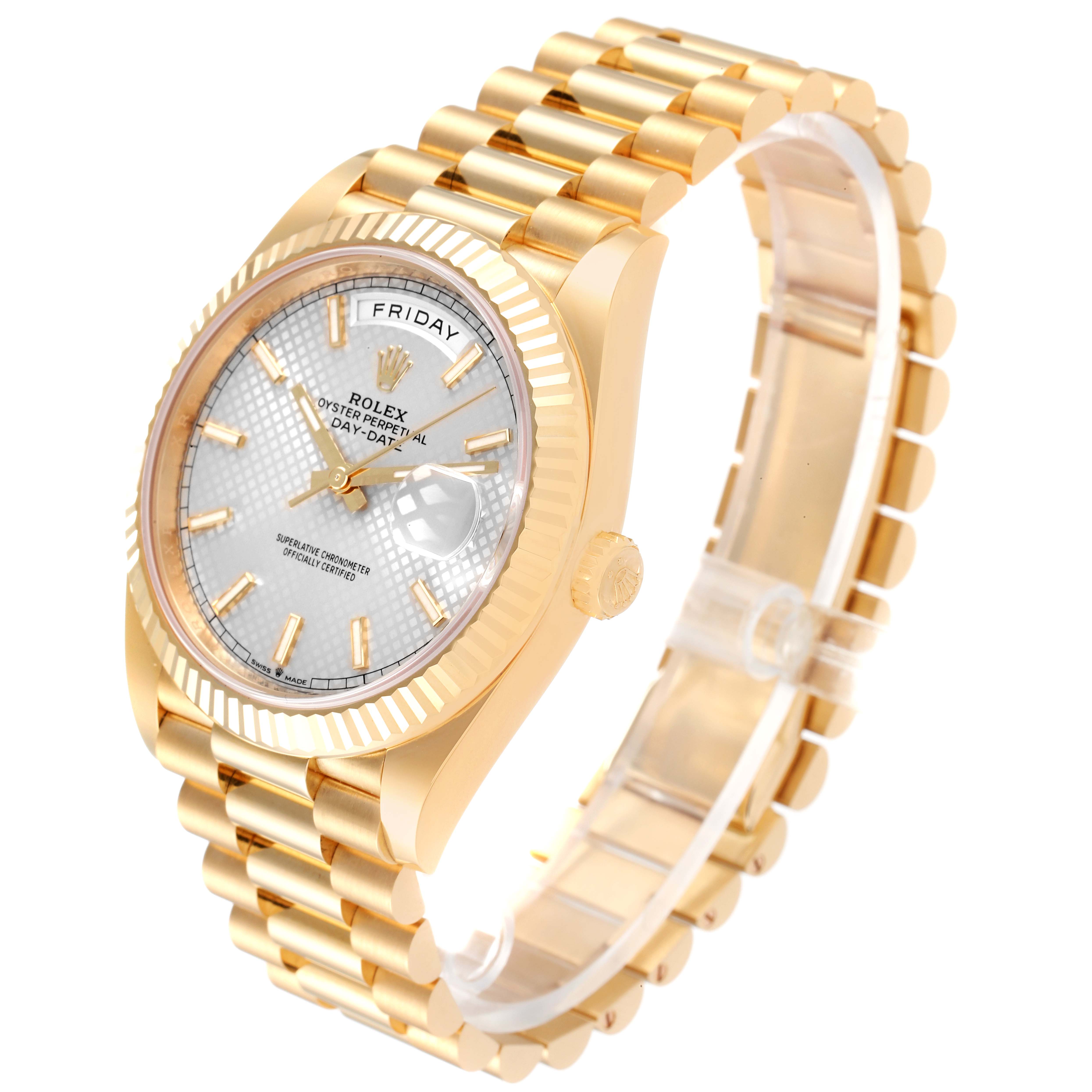 This image shows a Rolex President 228238 Men's Yellow Gold Silver Dial 228238 Men's Yellow Gold Silver Dial model watch at a three-quarter angle, highlighting its gold case, bracelet, and fluted bezel.